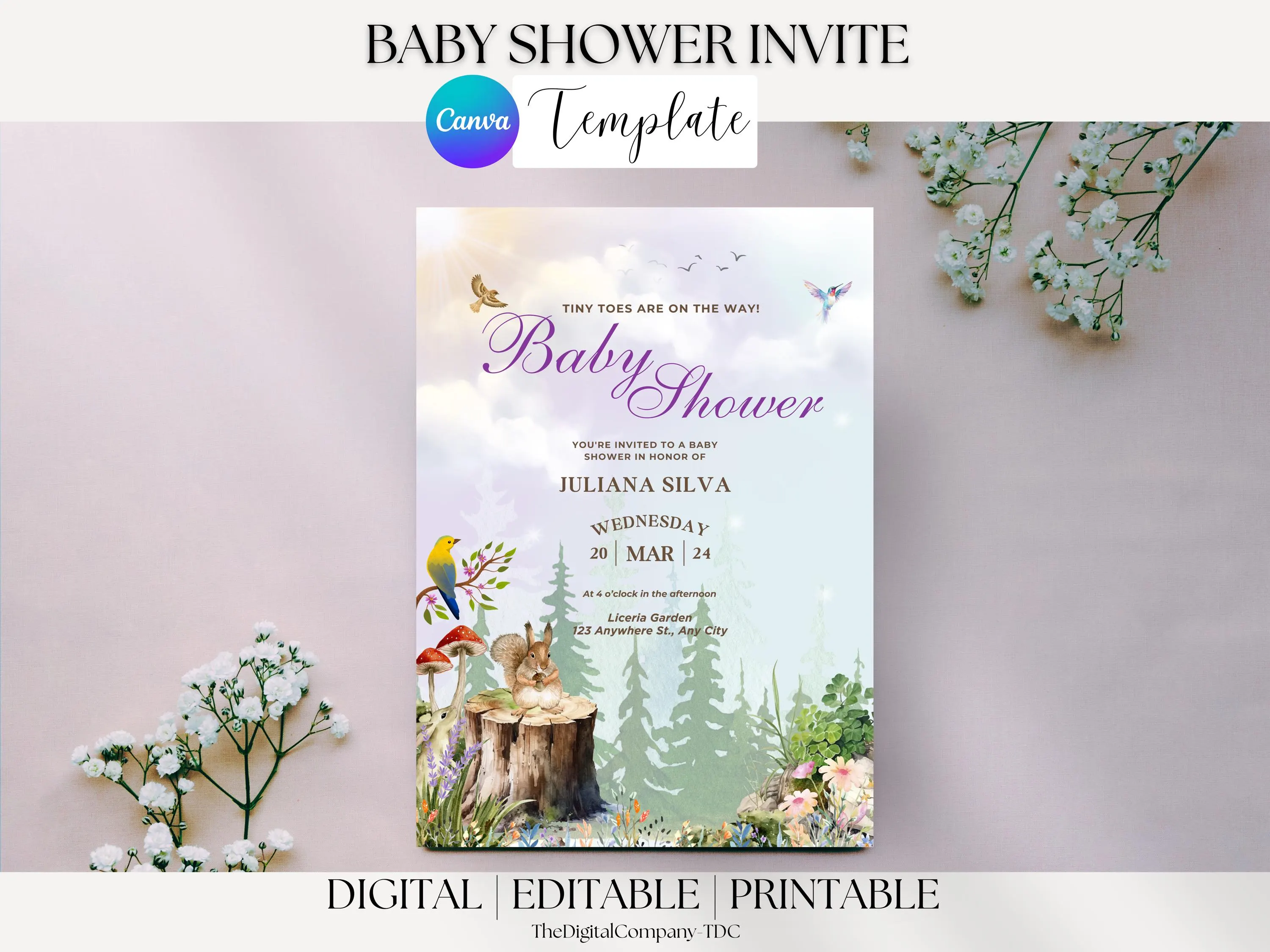 Animal Floral Baby Shower Invitation: Editable Canva Template (Digital)