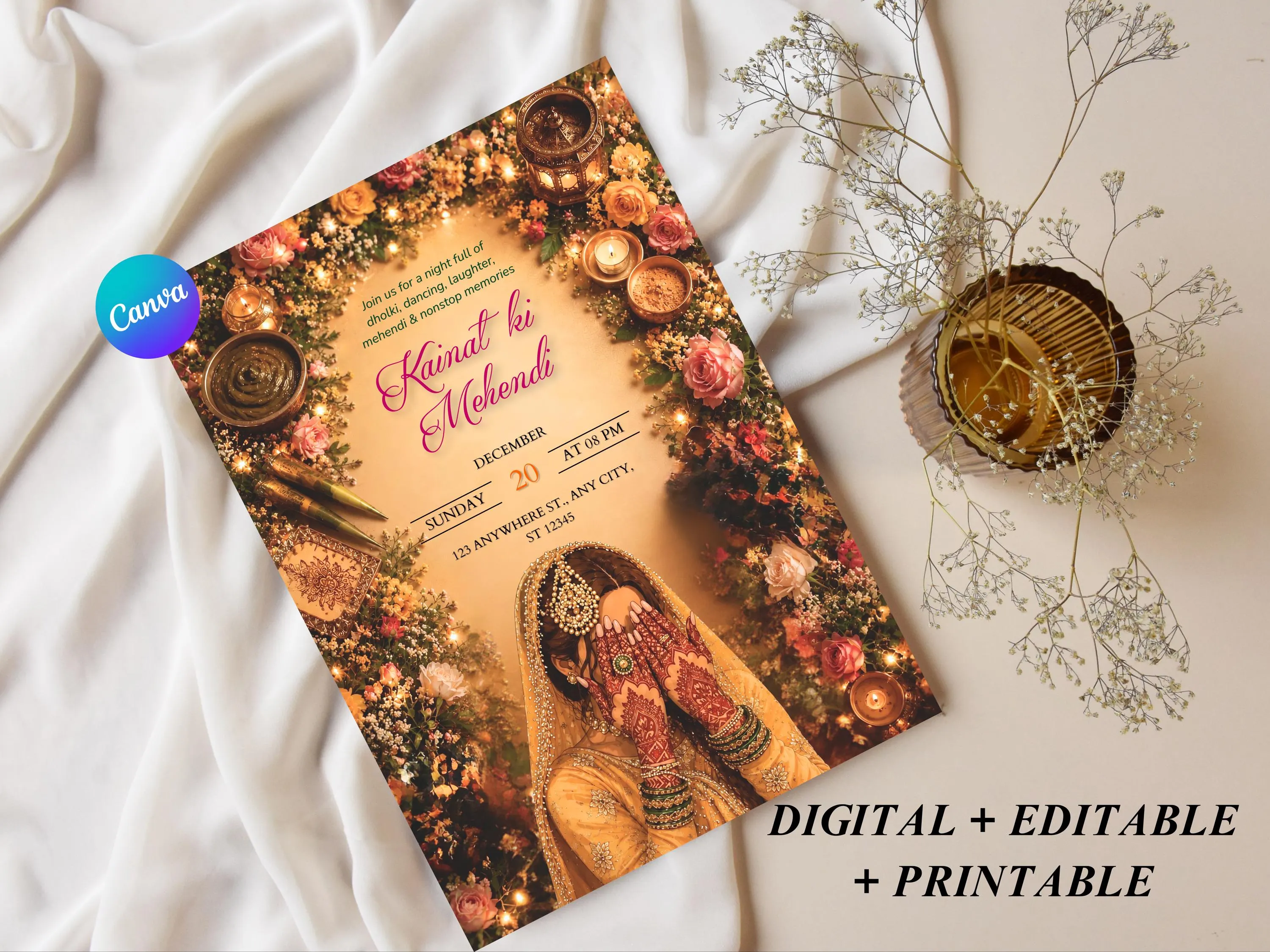 Digital Mehndi & Dholki Invitation Template Printable Mehndi Invite Dholki Invitation Mehendi invitation, Mayoun Mayun Haldi invite - image 3