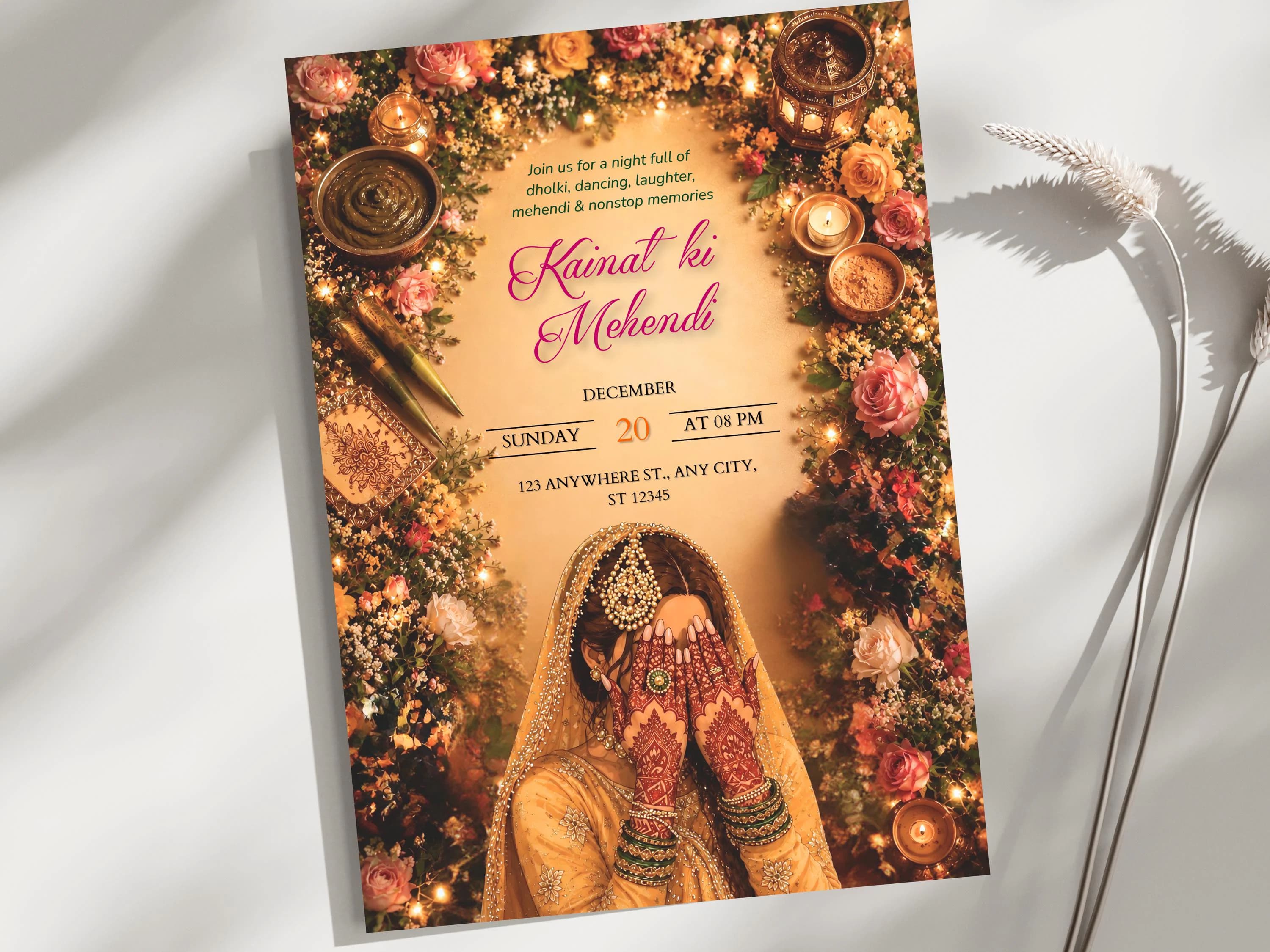 Digital Mehndi & Dholki Invitation Template Printable Mehndi Invite Dholki Invitation Mehendi invitation, Mayoun Mayun Haldi invite