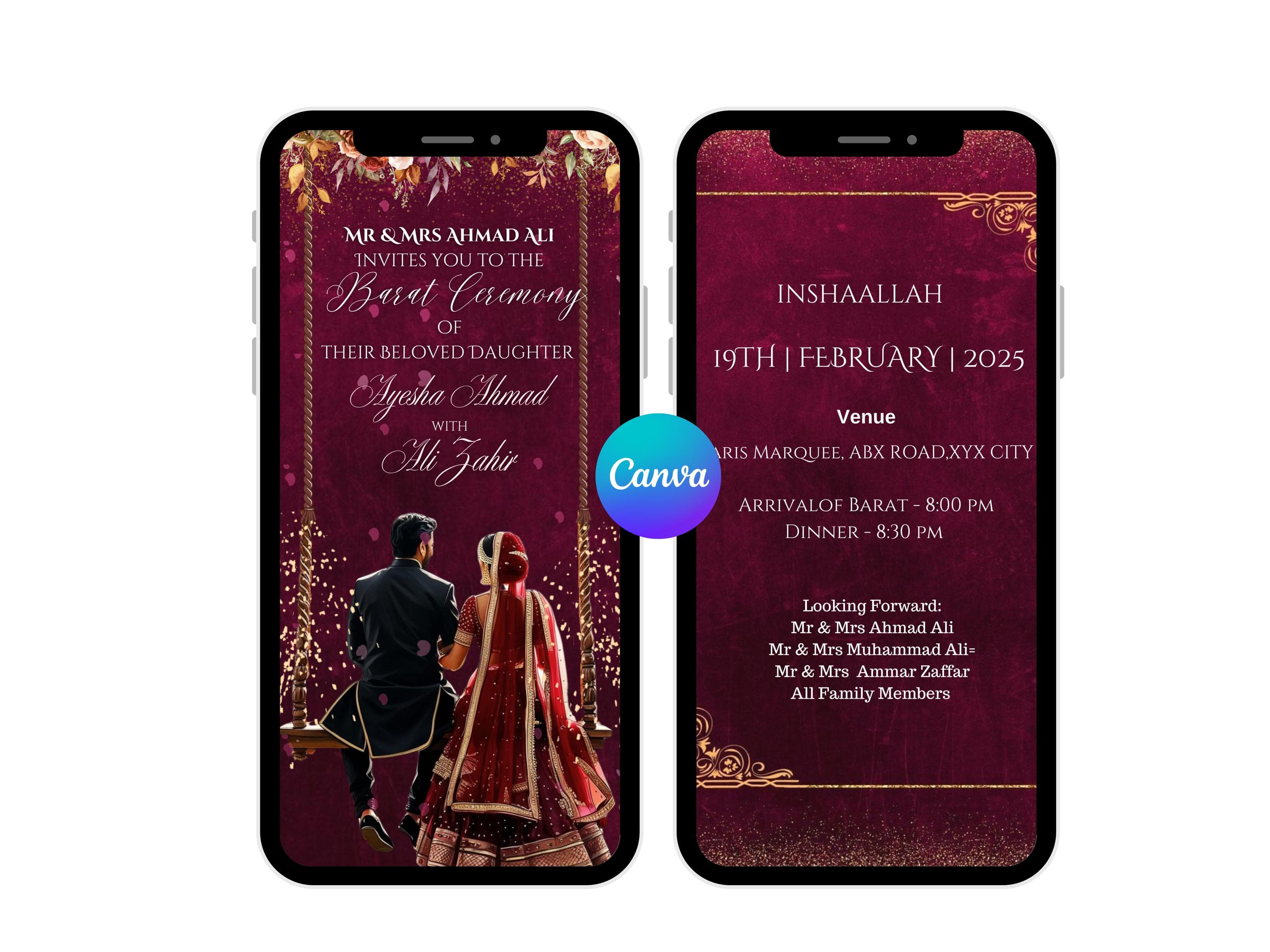 Barat/reception Wedding Video Invite wedding invitation Muslim wedding invite canva template Save the date wedding template digital download - image 4