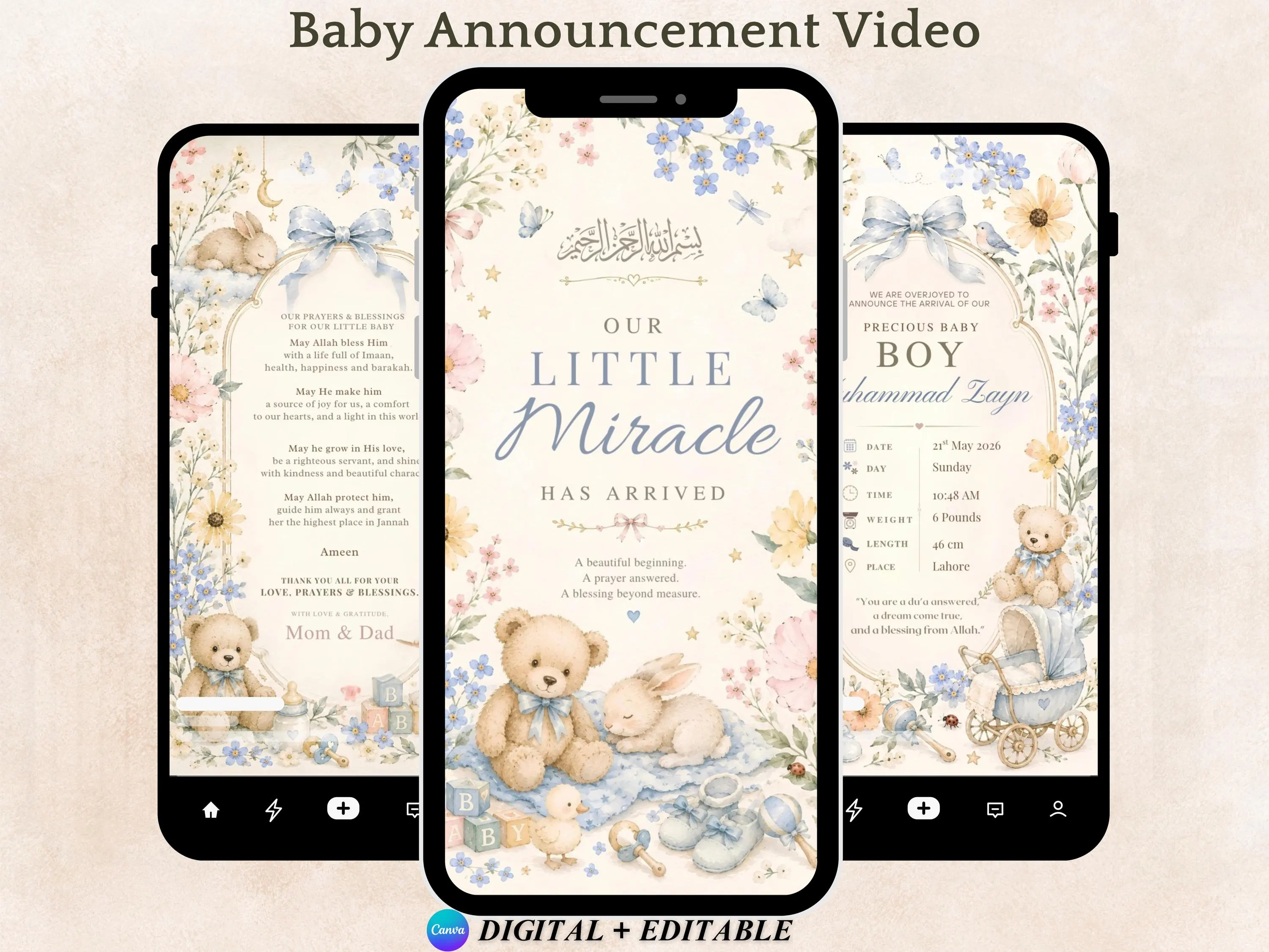 Baby Boy Announcement Video Template, Editable Canva Birth Announcement, Muslim Baby Reveal Mobile Video, Digital Download - image 3