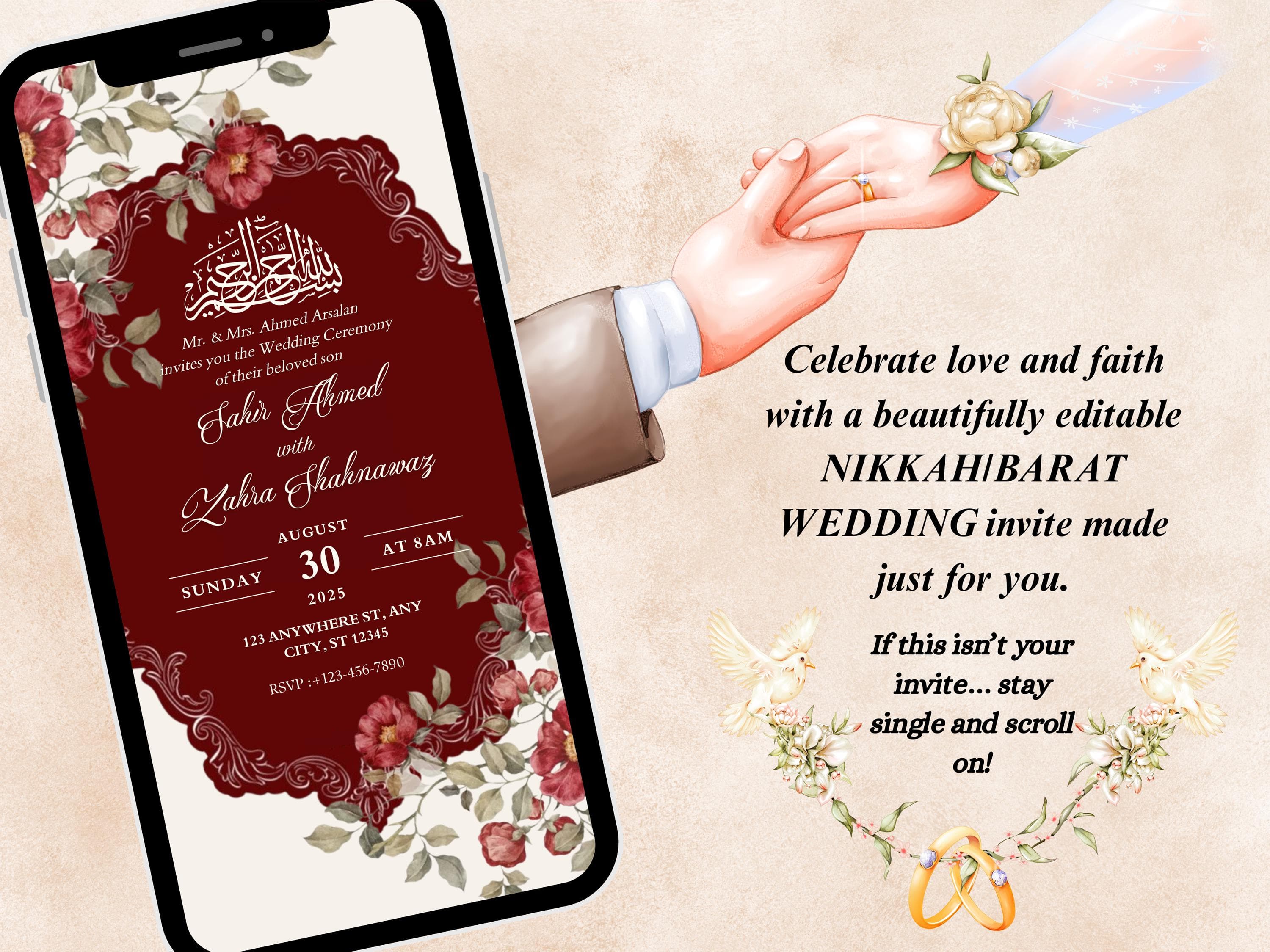 Editable Muslim Wedding Invitation Template: Digital Barat/Nikkah Invite (PNG, MP4 Download) - image 5