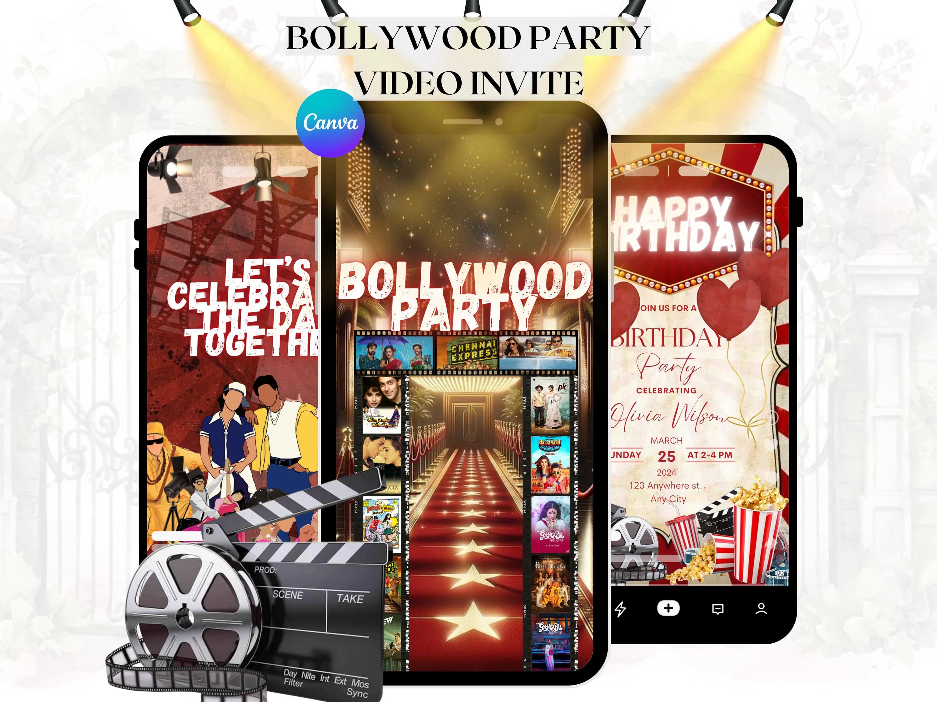 Bollywood themed Birthday Video Invitation Indian Theme, Editable Canva Template Digital Download Bollywood party Birthday invite movie