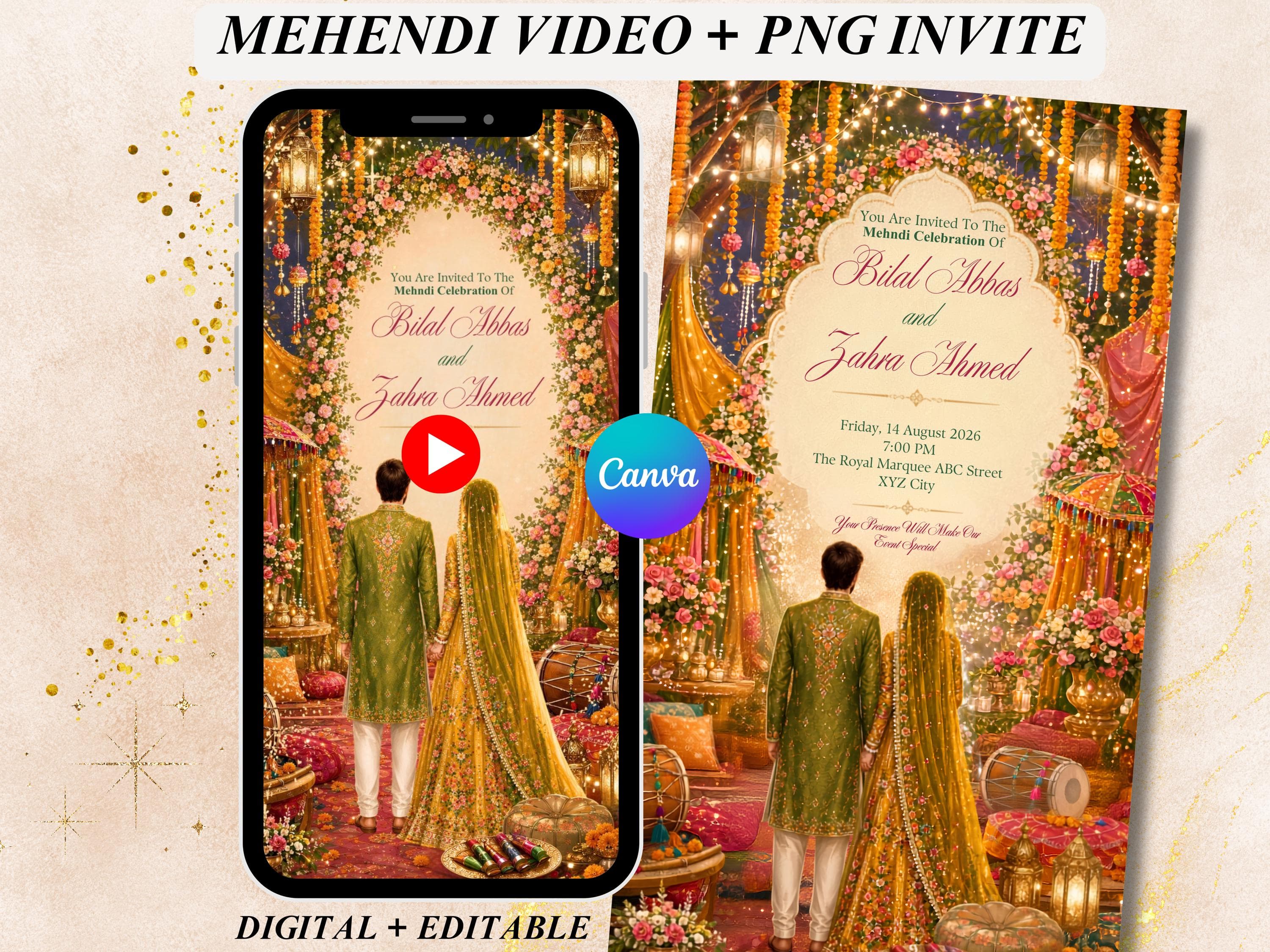 Digital Mehndi & Dholki Invitation Template Animated Mehndi Invite Dholki Invitation Mehendi invitation, Mayoun Mayun Haldi invite PNG VIDEO