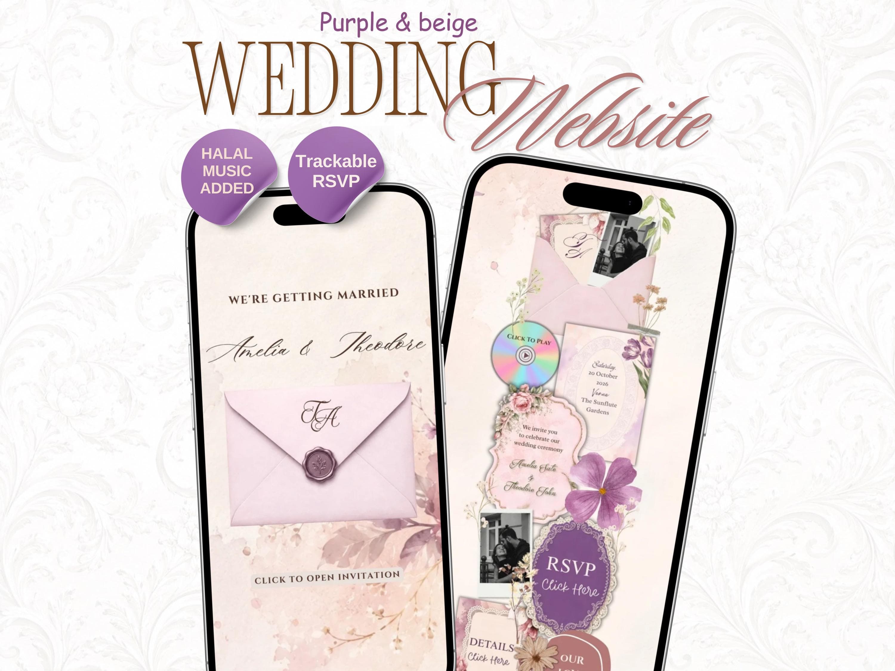 Wedding Website Template Canva, Digital Wedding Invitation, Animated Envelope Invite, Halal Nasheed, RSVP Google Form, Boho Floral Pink