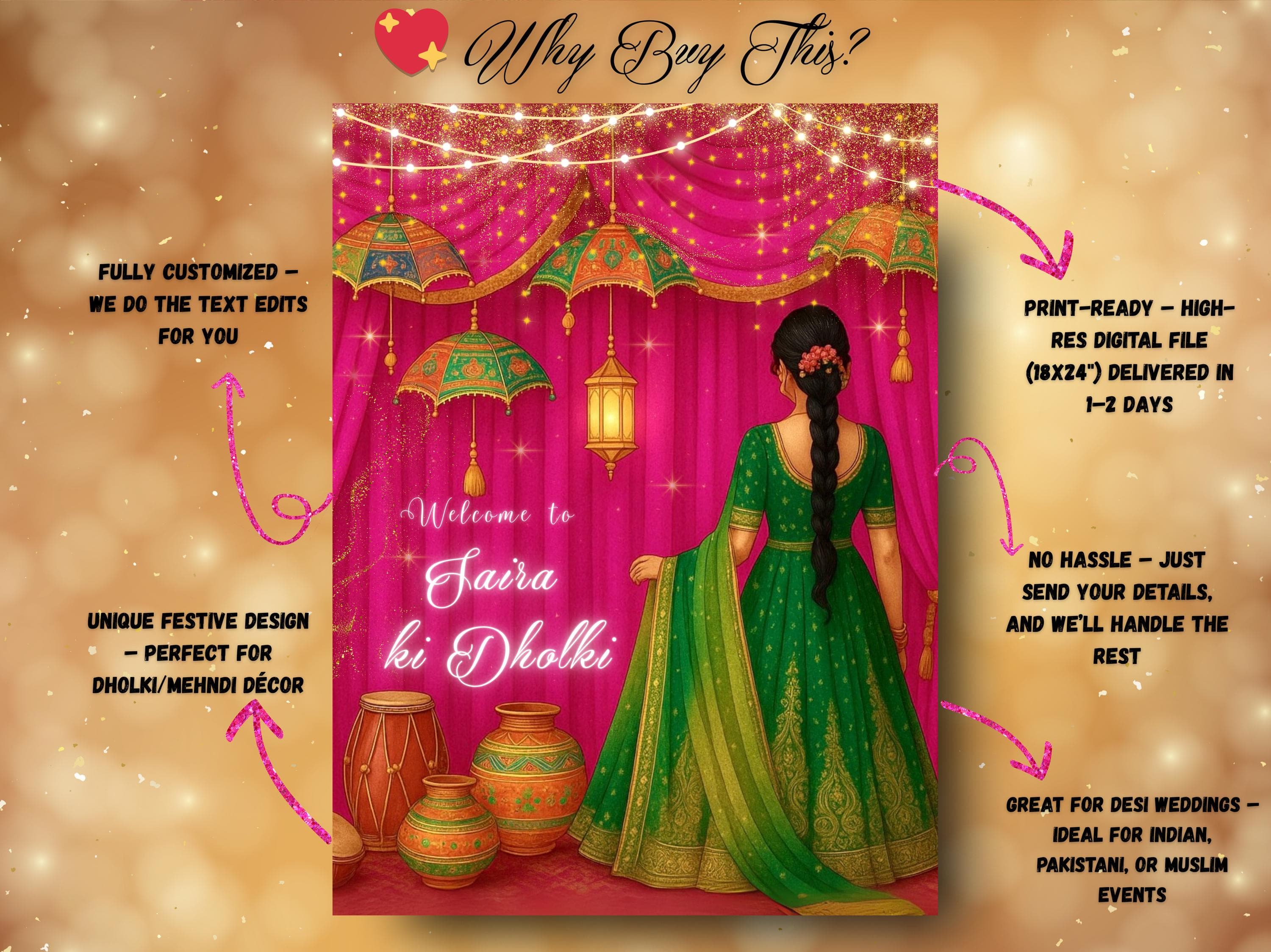 Custom Mehndi Welcome Sign: Indian Umbrella Decor (Digital File, 18x24") - image 4