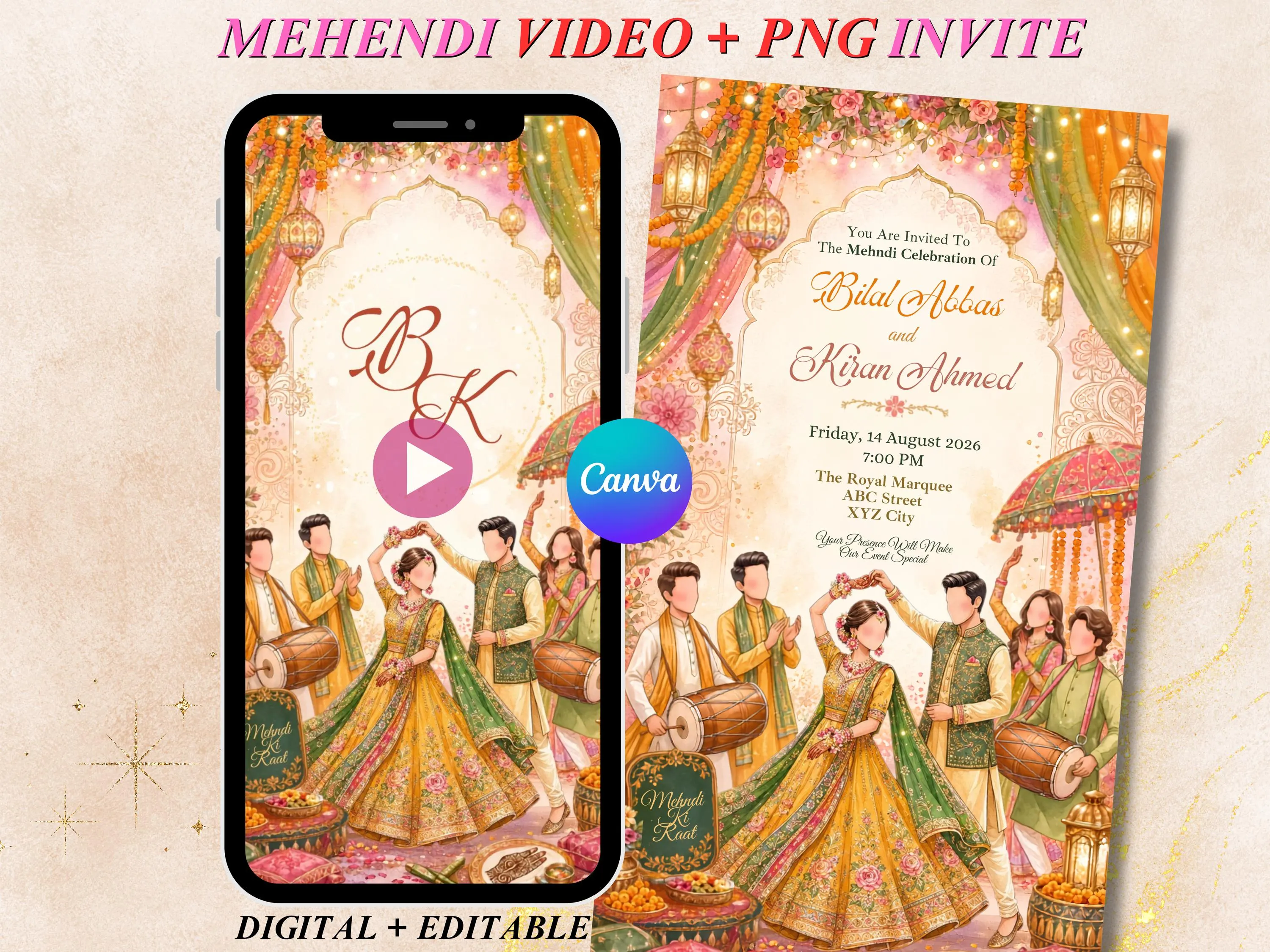 Digital Mehndi & Dholki Invitation Template Animated Mehndi Invite Dholki Invitation Mehendi invitation, Mayoun Mayun Haldi invite PNG VIDEO