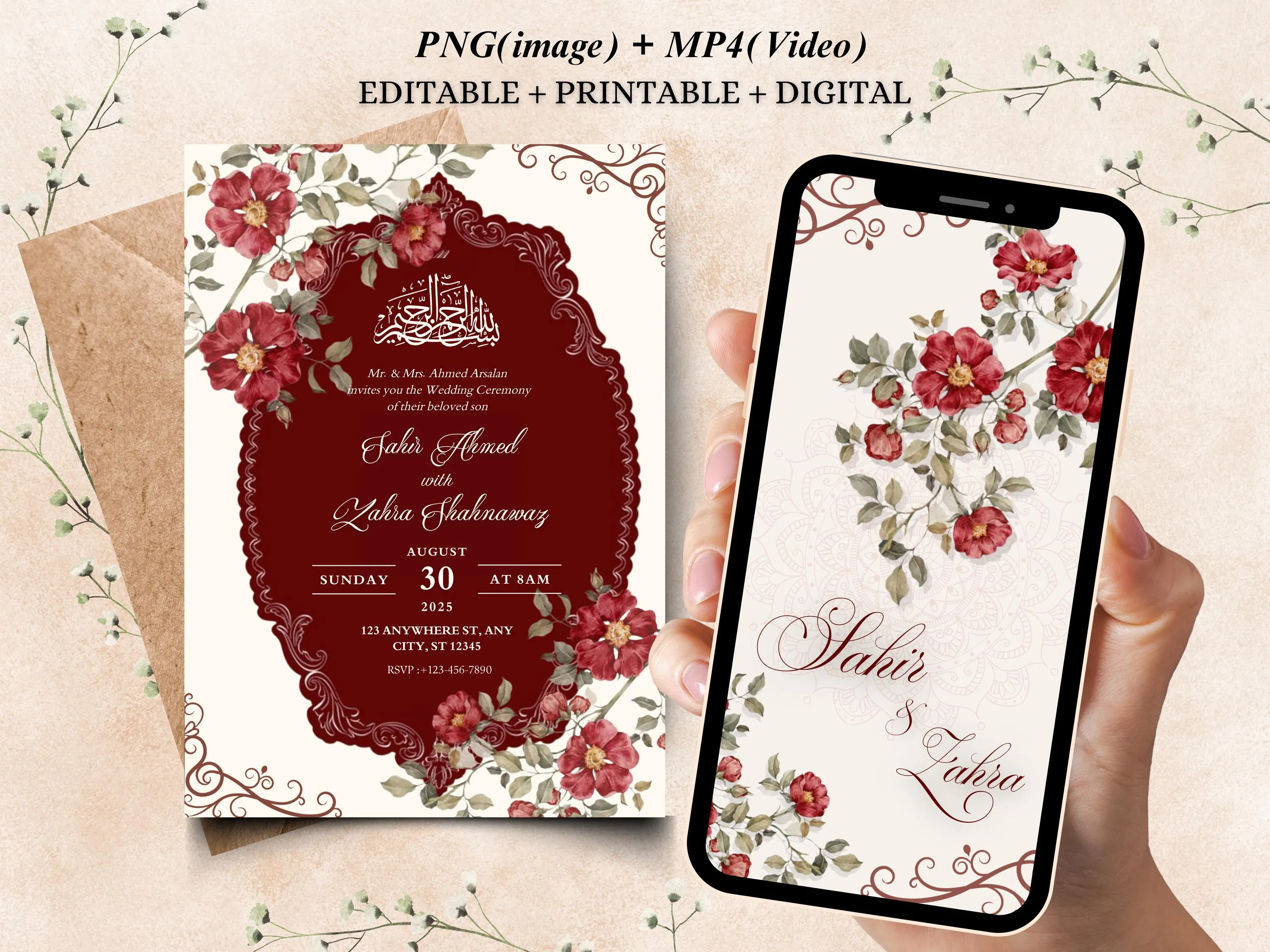 Editable Muslim Wedding Invitation Template: Digital Barat/Nikkah Invite (PNG, MP4 Download)