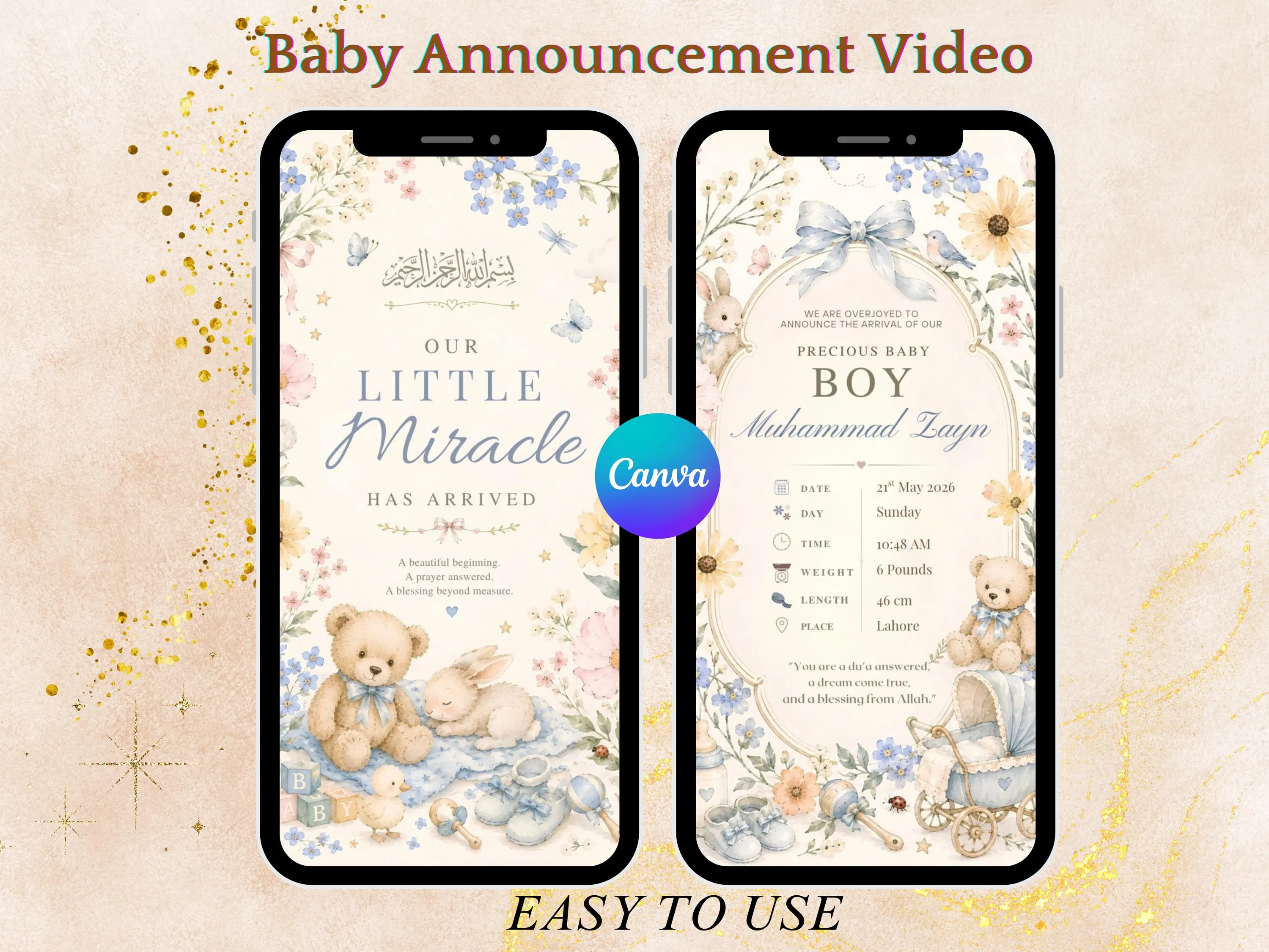 Baby Boy Announcement Video Template, Editable Canva Birth Announcement, Muslim Baby Reveal Mobile Video, Digital Download - image 5