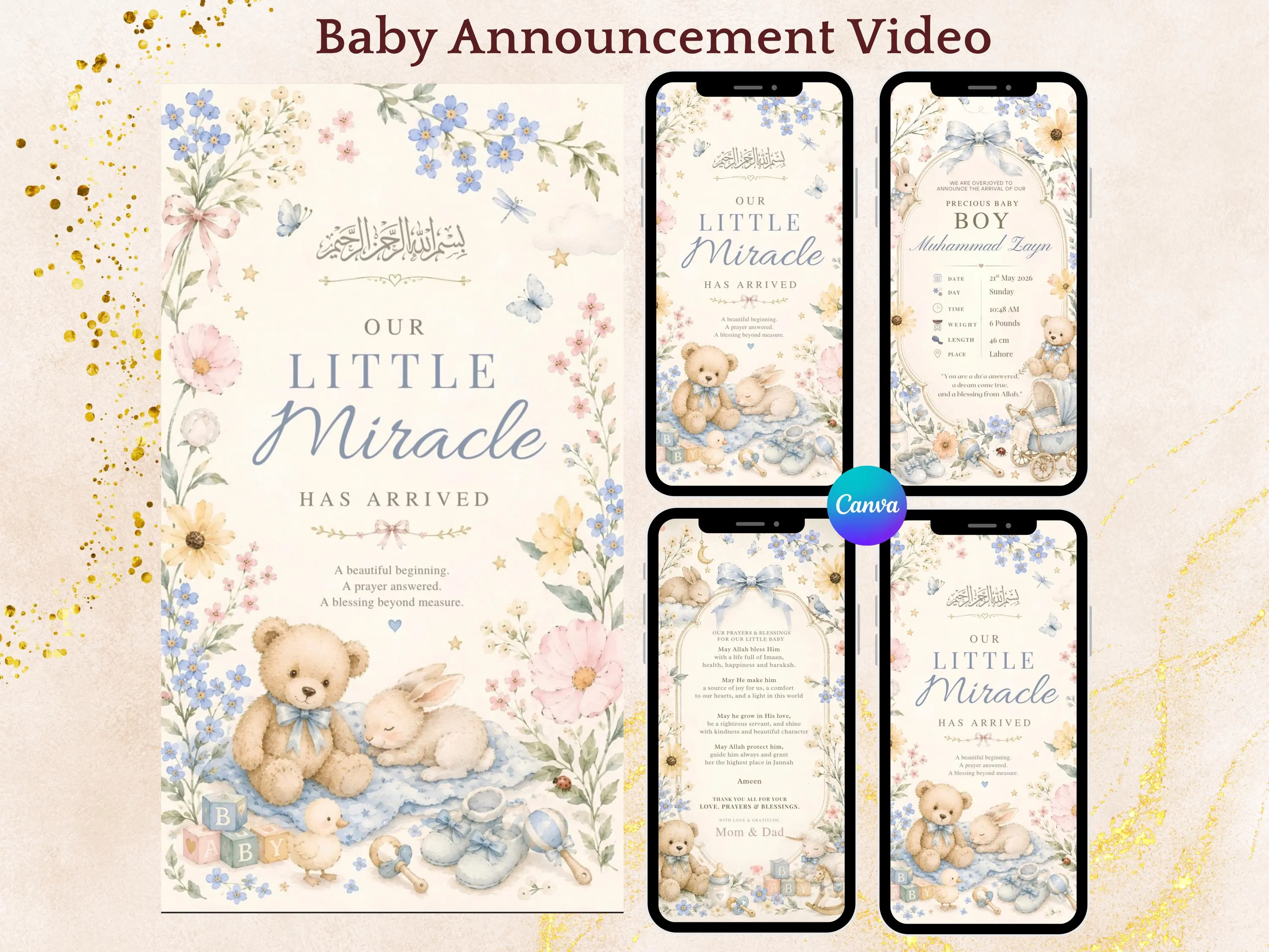 Baby Boy Announcement Video Template, Editable Canva Birth Announcement, Muslim Baby Reveal Mobile Video, Digital Download - image 4