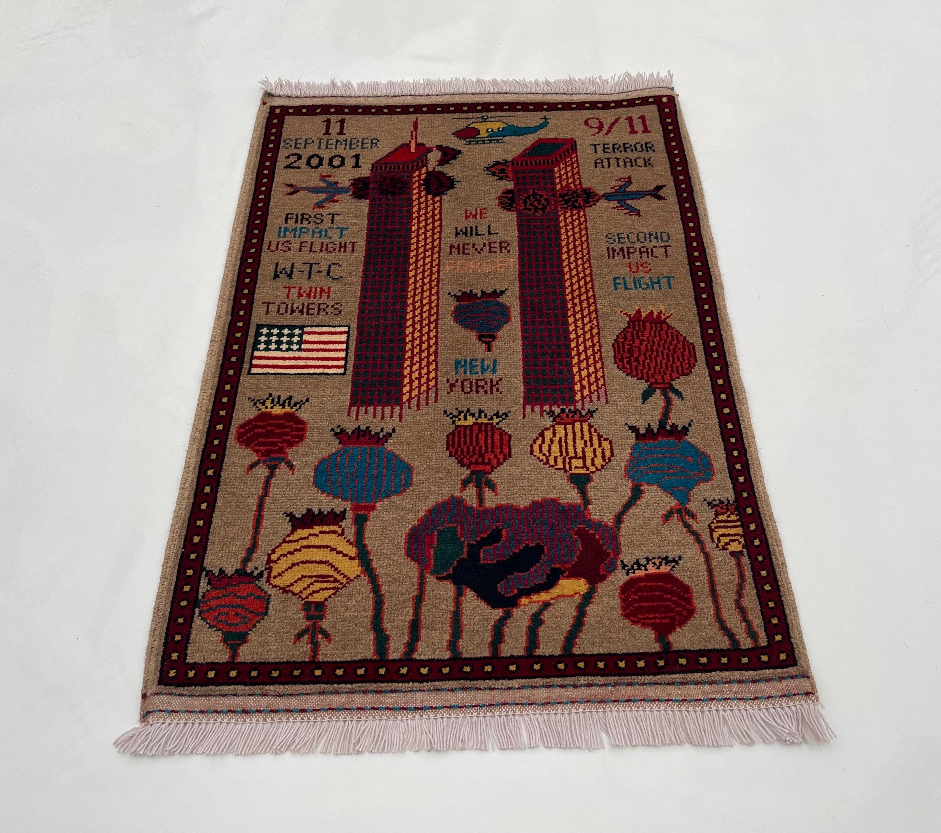 87x62 cm Classic Handmade Afghan war rug Beautifully made wool rug Nomadic Rug Oriental War Rug mini rug 9/11 twin towers handicrafts #730 - image 3