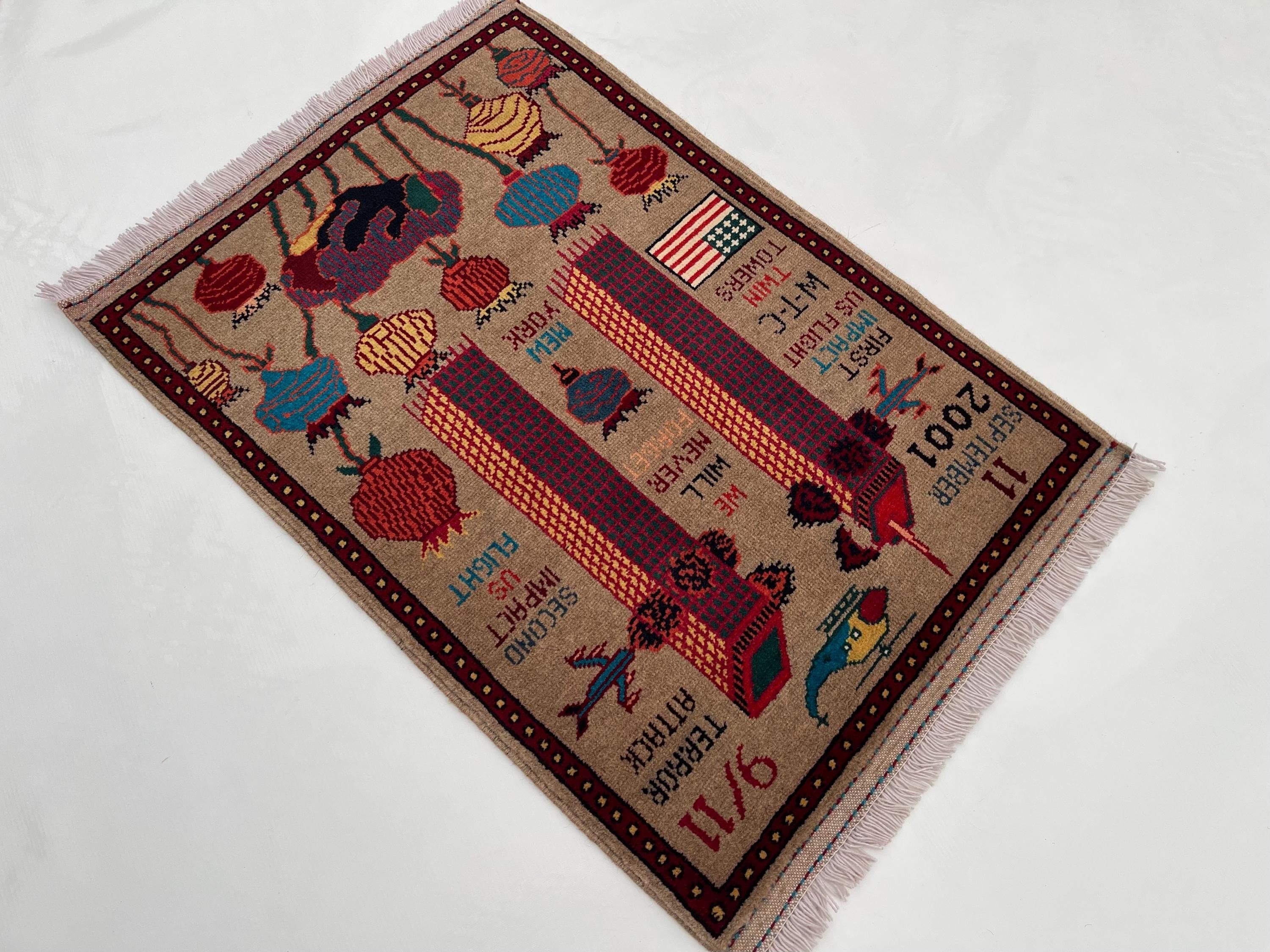 87x62 cm Classic Handmade Afghan war rug Beautifully made wool rug Nomadic Rug Oriental War Rug mini rug 9/11 twin towers handicrafts #730 - image 4