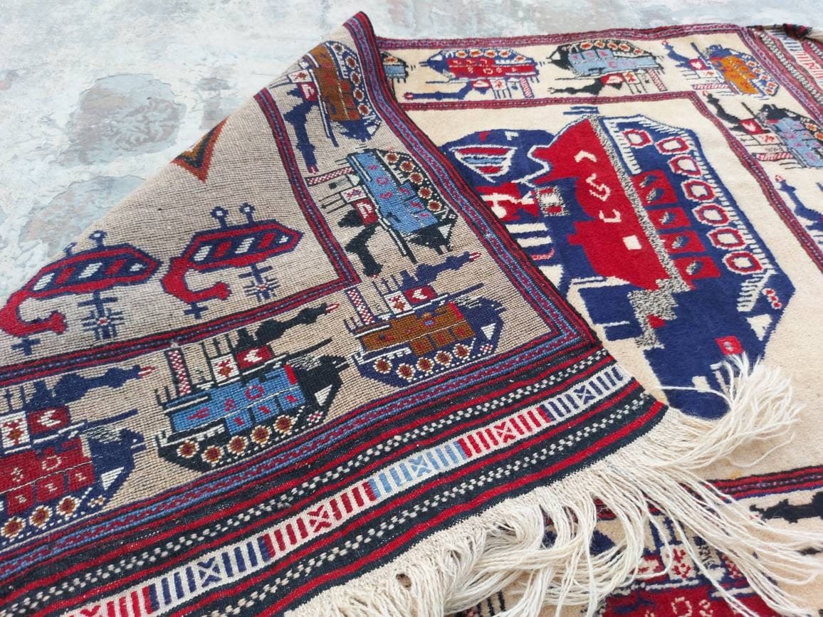4'7"×2'10" ft  Handmade Afghan war art rug war rug - image 4
