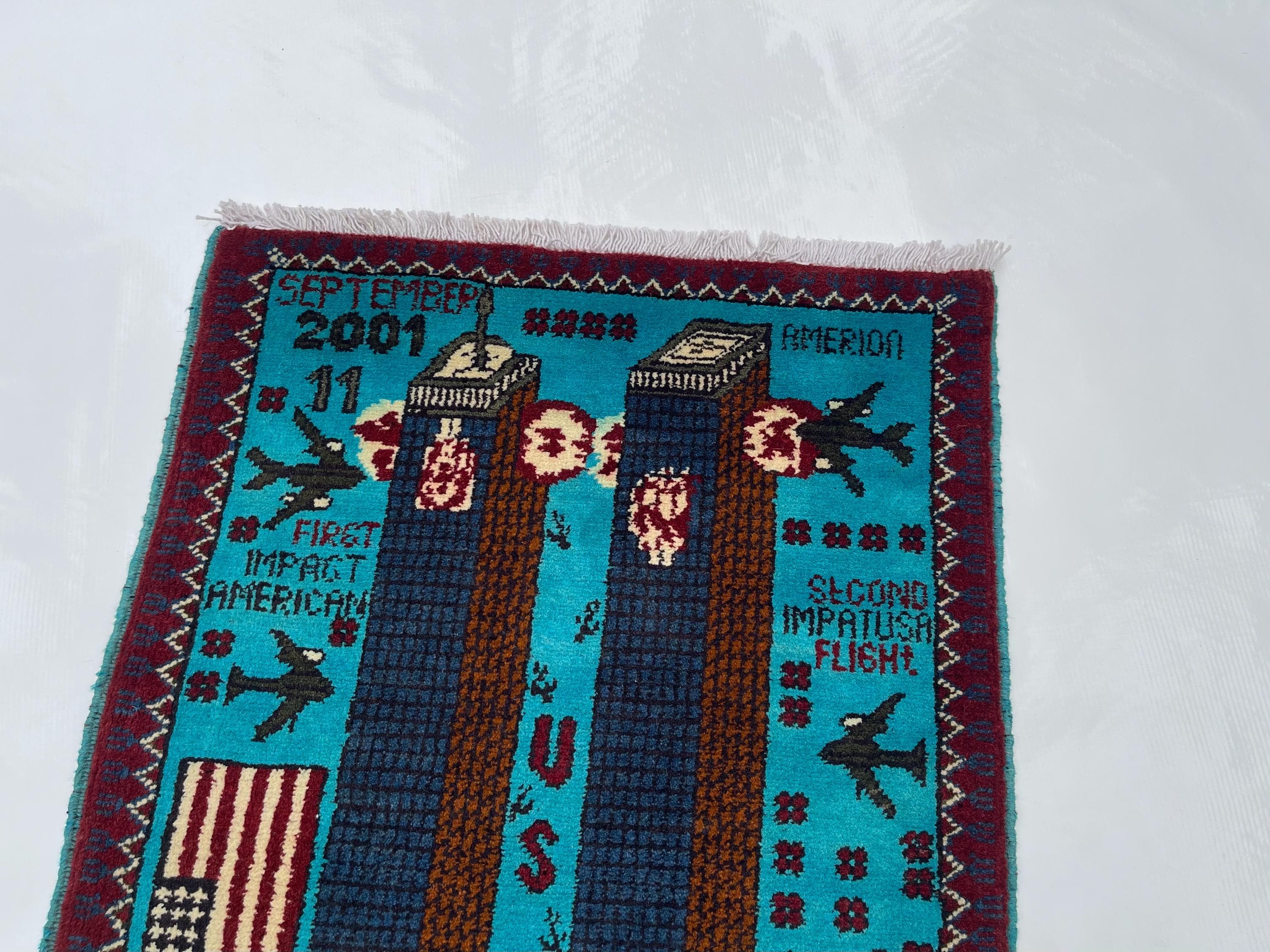 81x62 cm War rug twin towers Afghan rug handmade rug Beautifully made wool rug 9/11 handicrafts folk art pictorial #380 - image 4