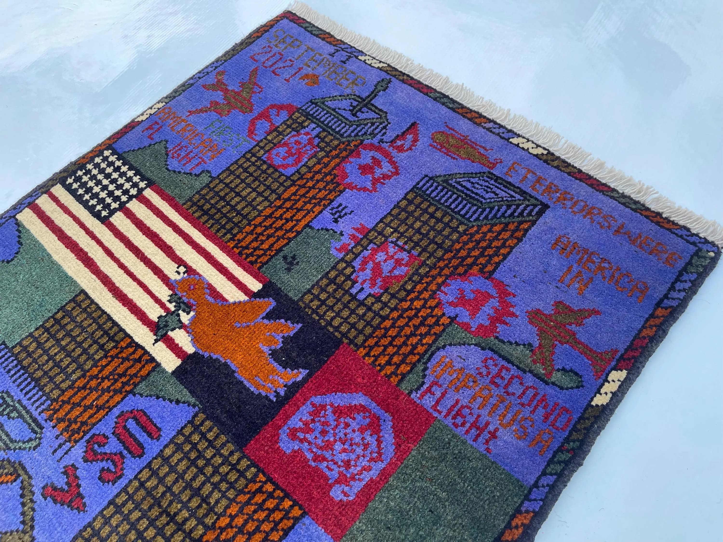 76x60 cm Handmade Afghan war rug wool rug shindand wool rug vintage war art rug twin towerss   #269 - image 3