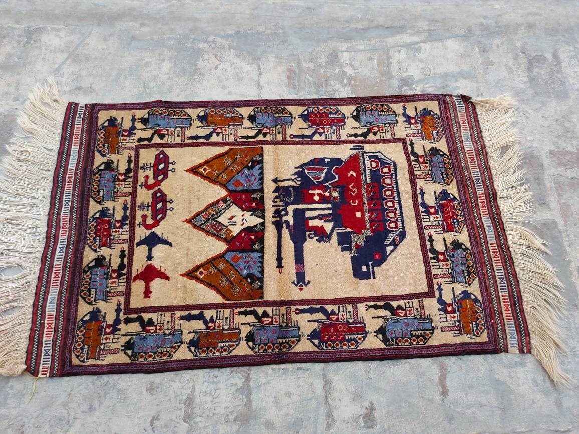 4'7"×2'10" ft  Handmade Afghan war art rug war rug - image 5