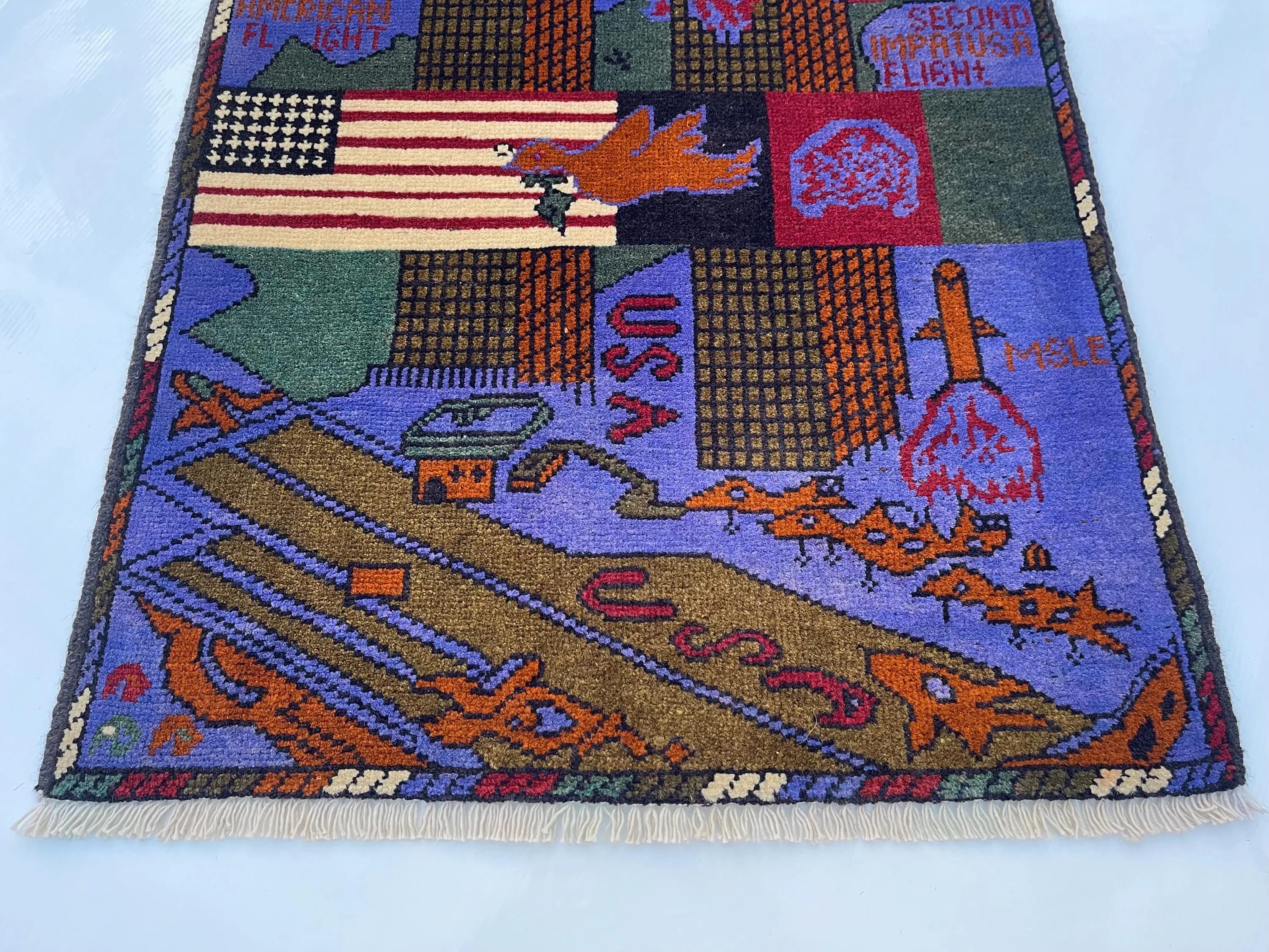 76x60 cm Handmade Afghan war rug wool rug shindand wool rug vintage war art rug twin towerss   #269 - image 5