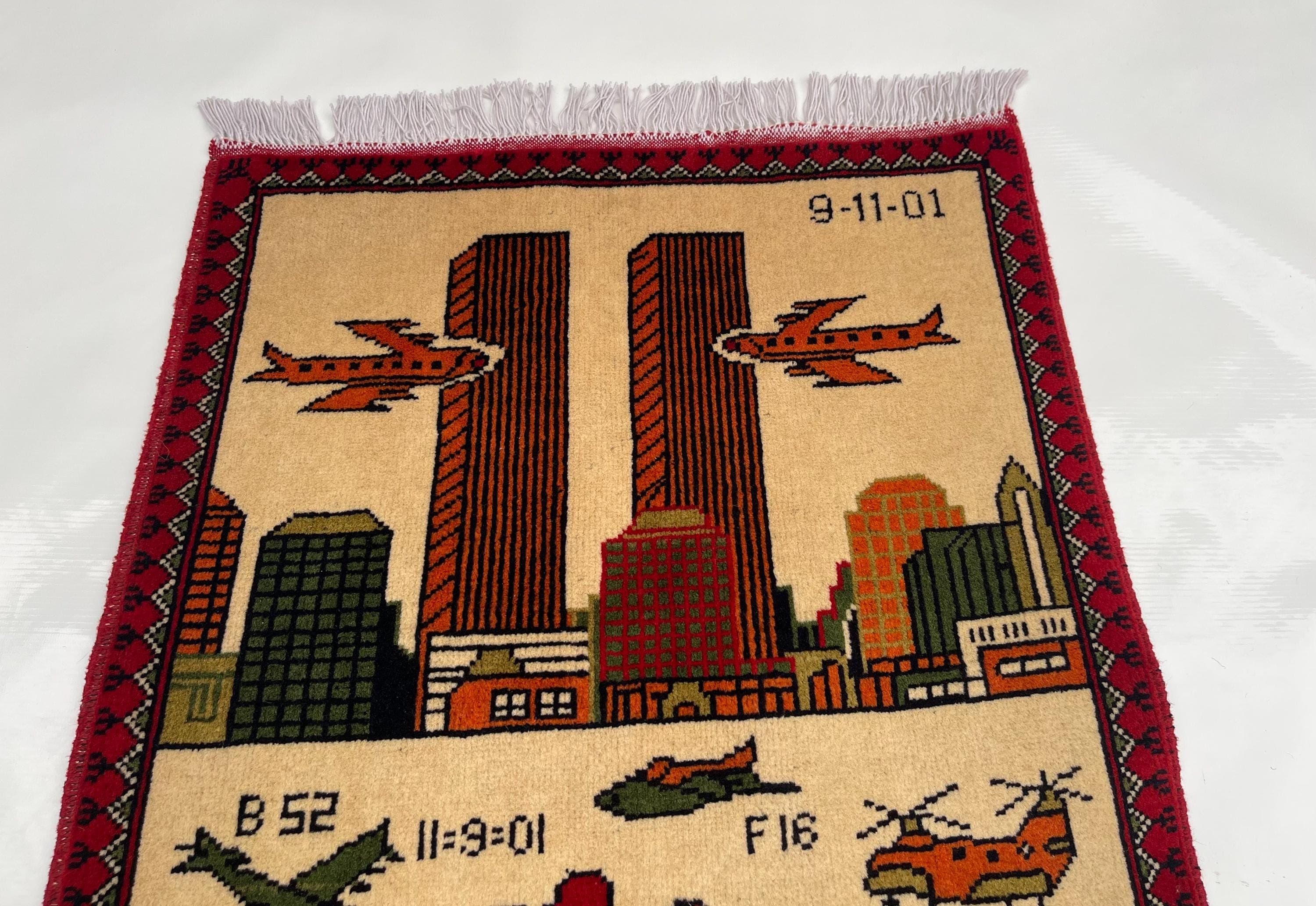 81x62 cm War rug twin towers Afghan rug handmade rug Beautifully made wool rug 9/11 handicrafts folk art pictorial #381 - image 3