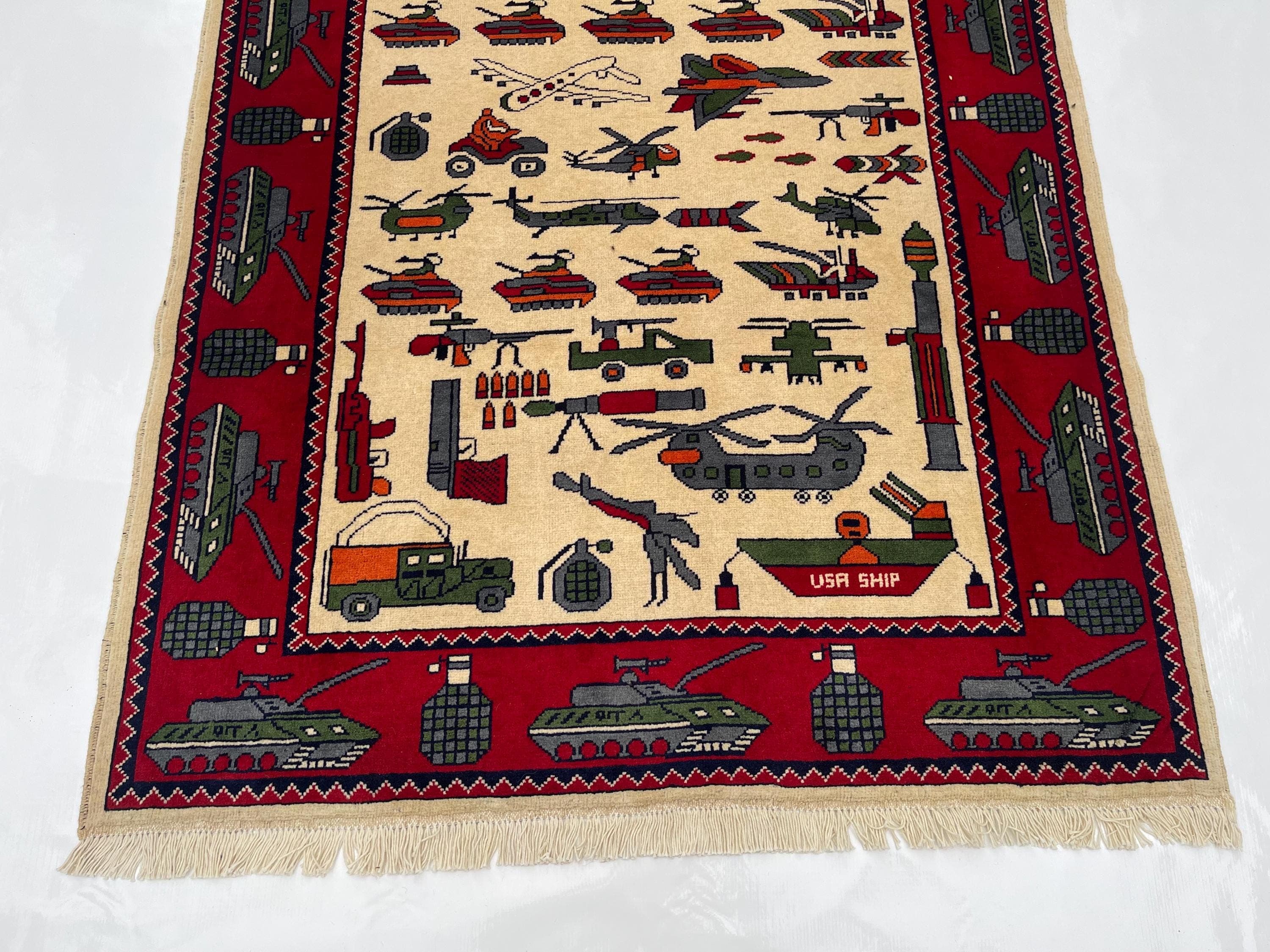 183x128 cm Ethnic rug Afghan War Art rug war Rug Tribal handicrafts Large war rug folk art - image 5