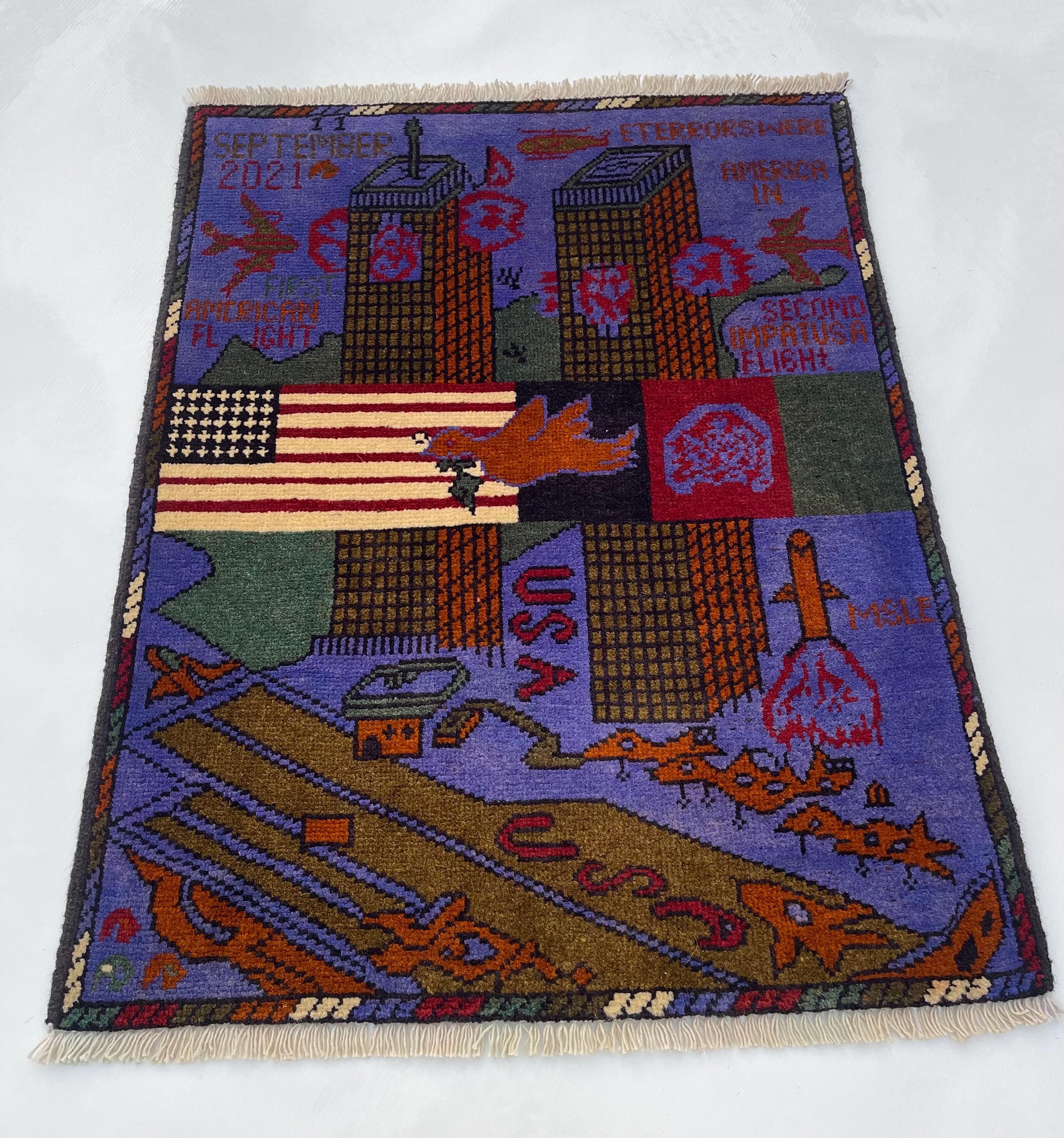 76x60 cm Handmade Afghan war rug wool rug shindand wool rug vintage war art rug twin towerss   #269