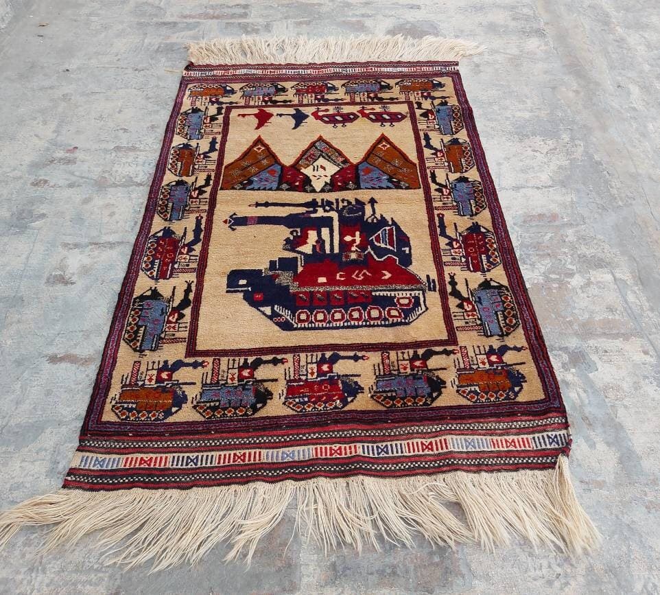 4'7"×2'10" ft  Handmade Afghan war art rug war rug