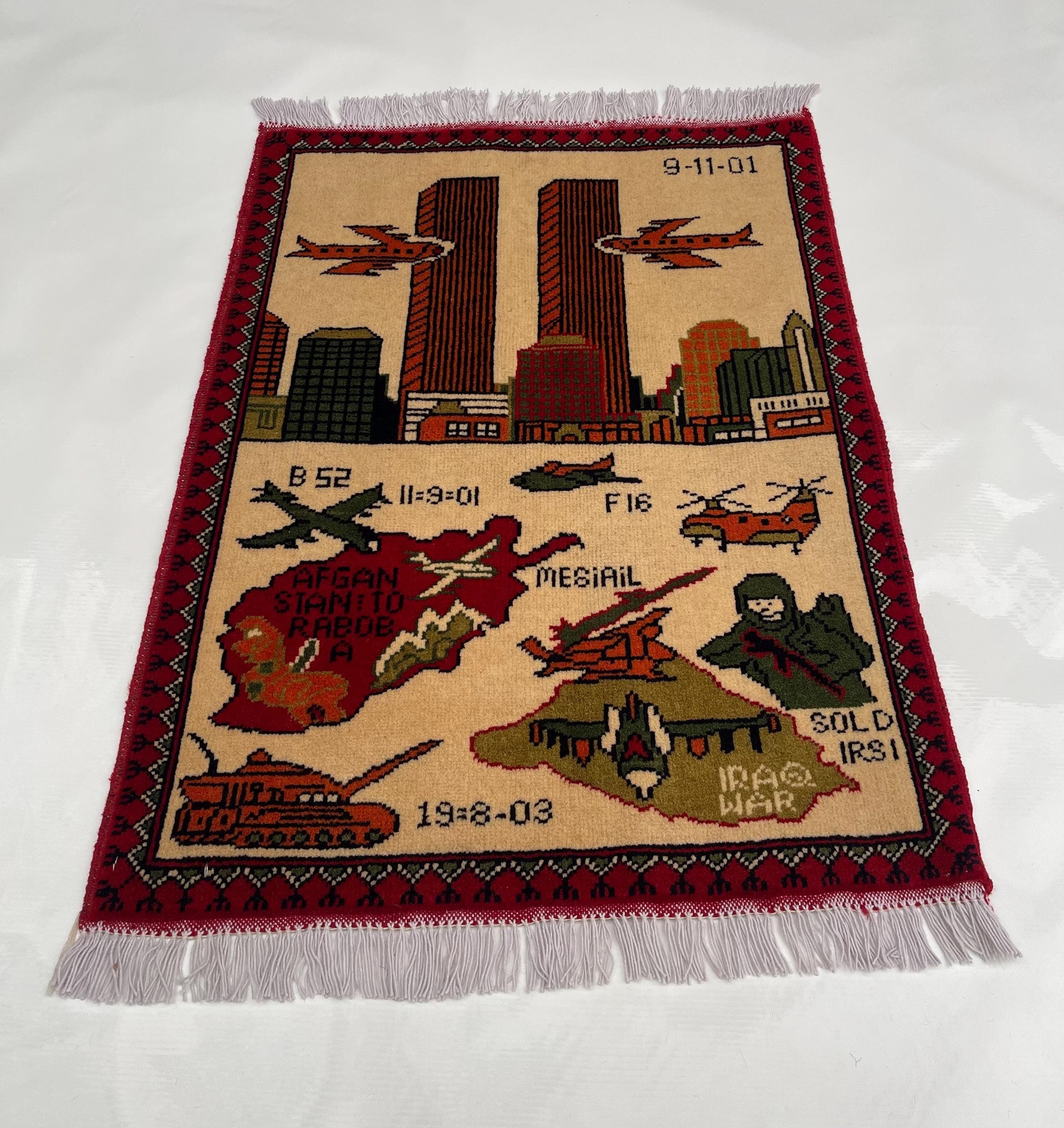 81x62 cm War rug twin towers Afghan rug handmade rug Beautifully made wool rug 9/11 handicrafts folk art pictorial #381