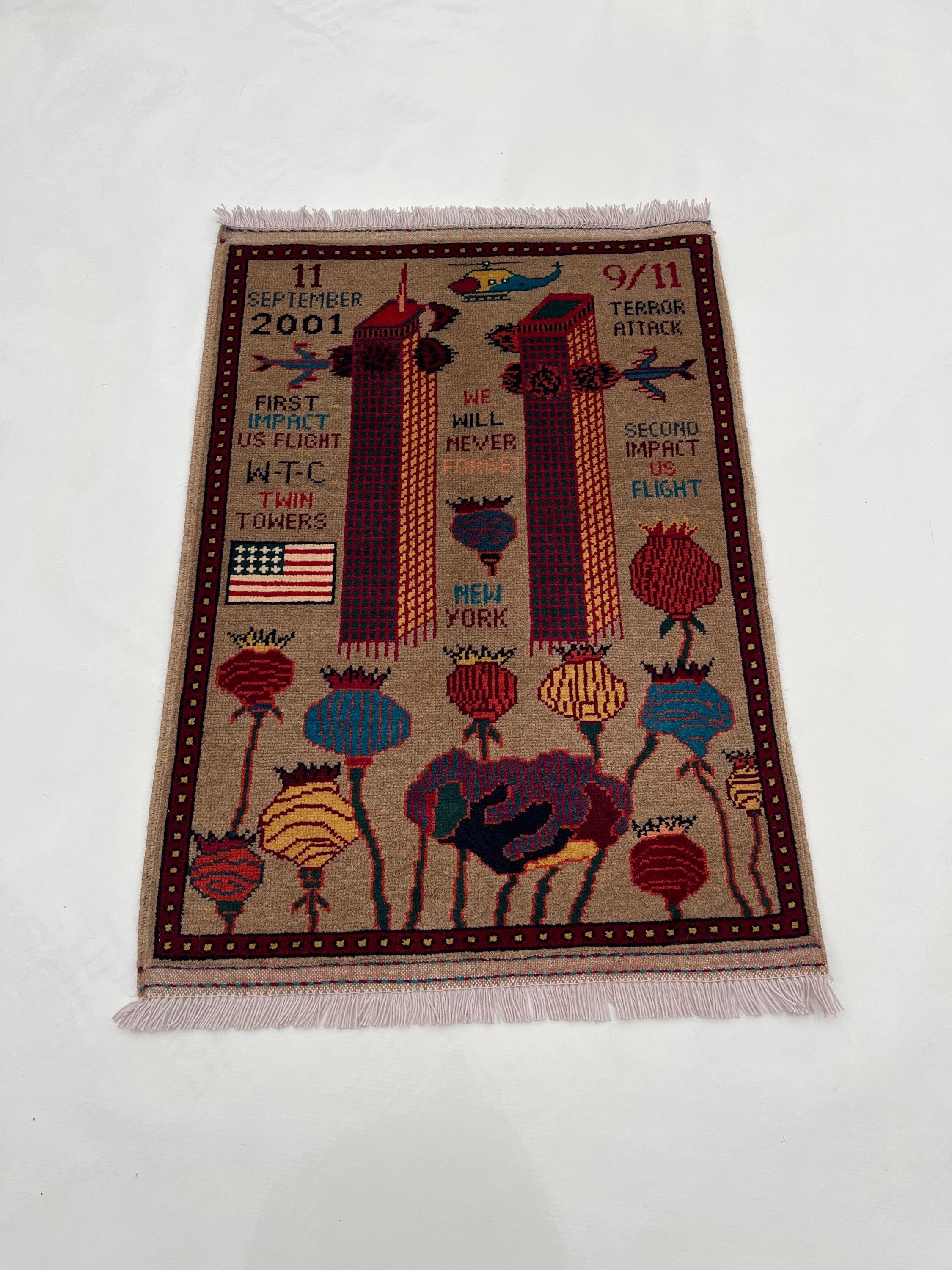 87x62 cm Classic Handmade Afghan war rug Beautifully made wool rug Nomadic Rug Oriental War Rug mini rug 9/11 twin towers handicrafts #730