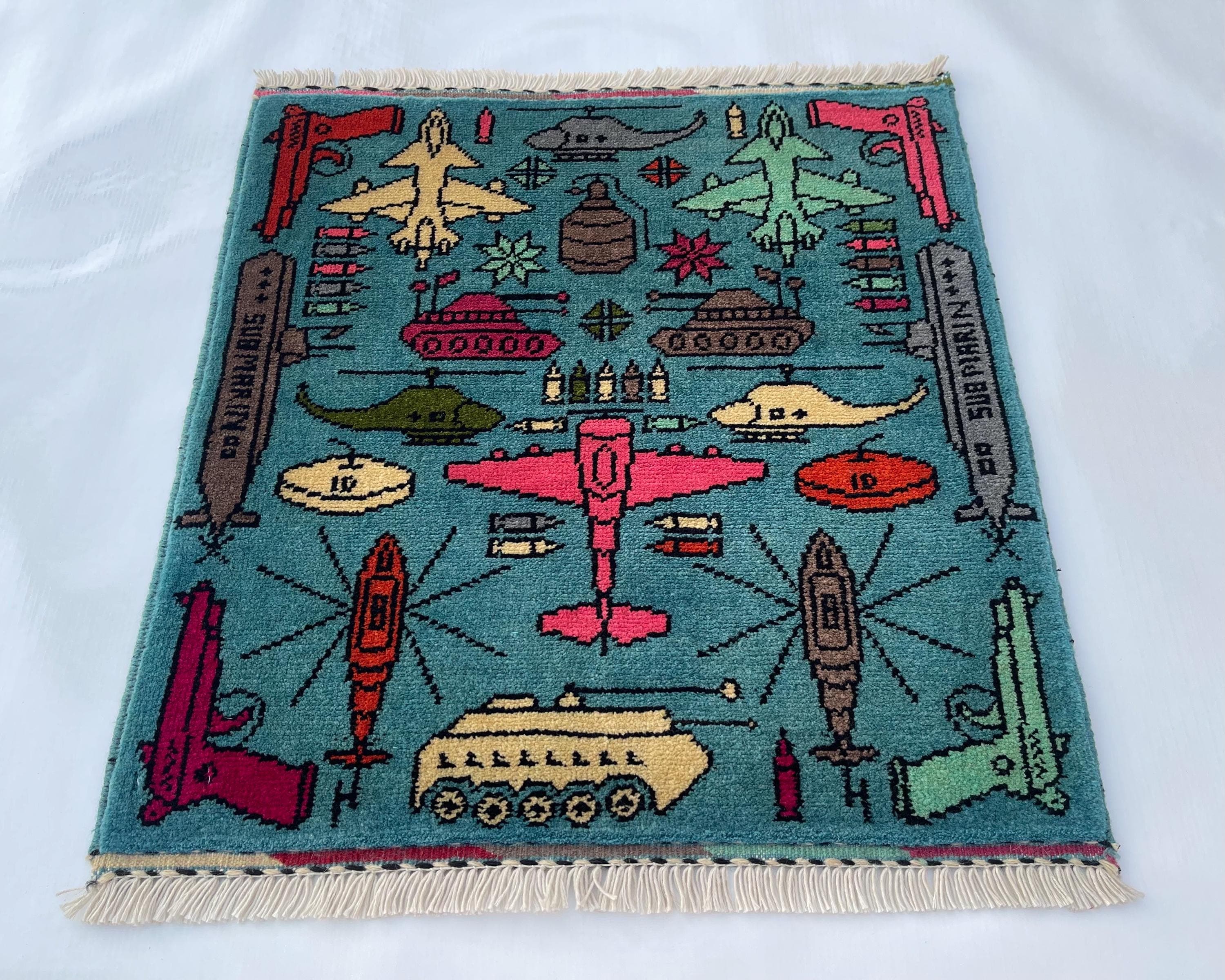 62x59cm  war rug wool rug oriental war art mini war rug handicrafts afghan war rug #240 - image 3