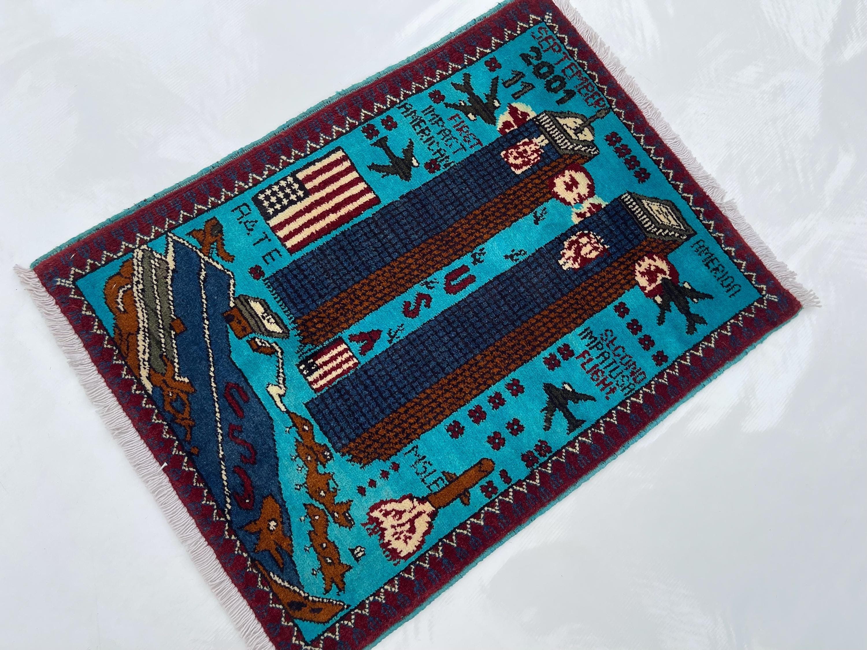 81x62 cm War rug twin towers Afghan rug handmade rug Beautifully made wool rug 9/11 handicrafts folk art pictorial #380 - image 5