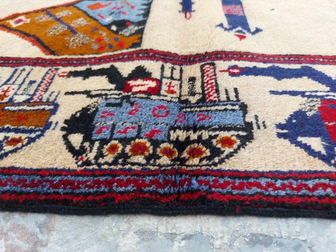 4'7"×2'10" ft  Handmade Afghan war art rug war rug - image 3