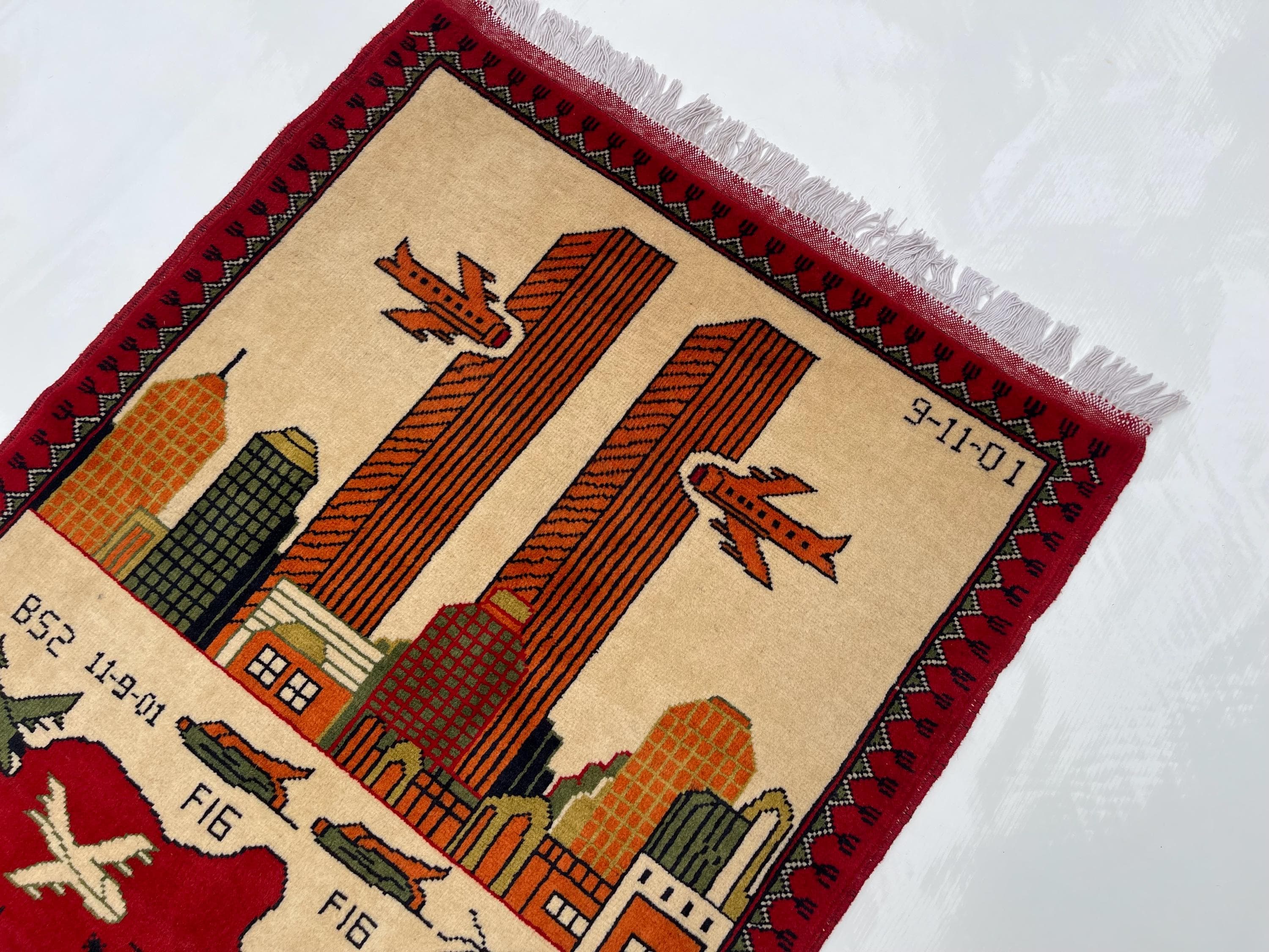 130x81 cm Classic Handmade Afghan war rug Beautifully made wool rug Nomadic Rug Oriental War Rug  9/11 twin towers handicrafts #371 - image 5