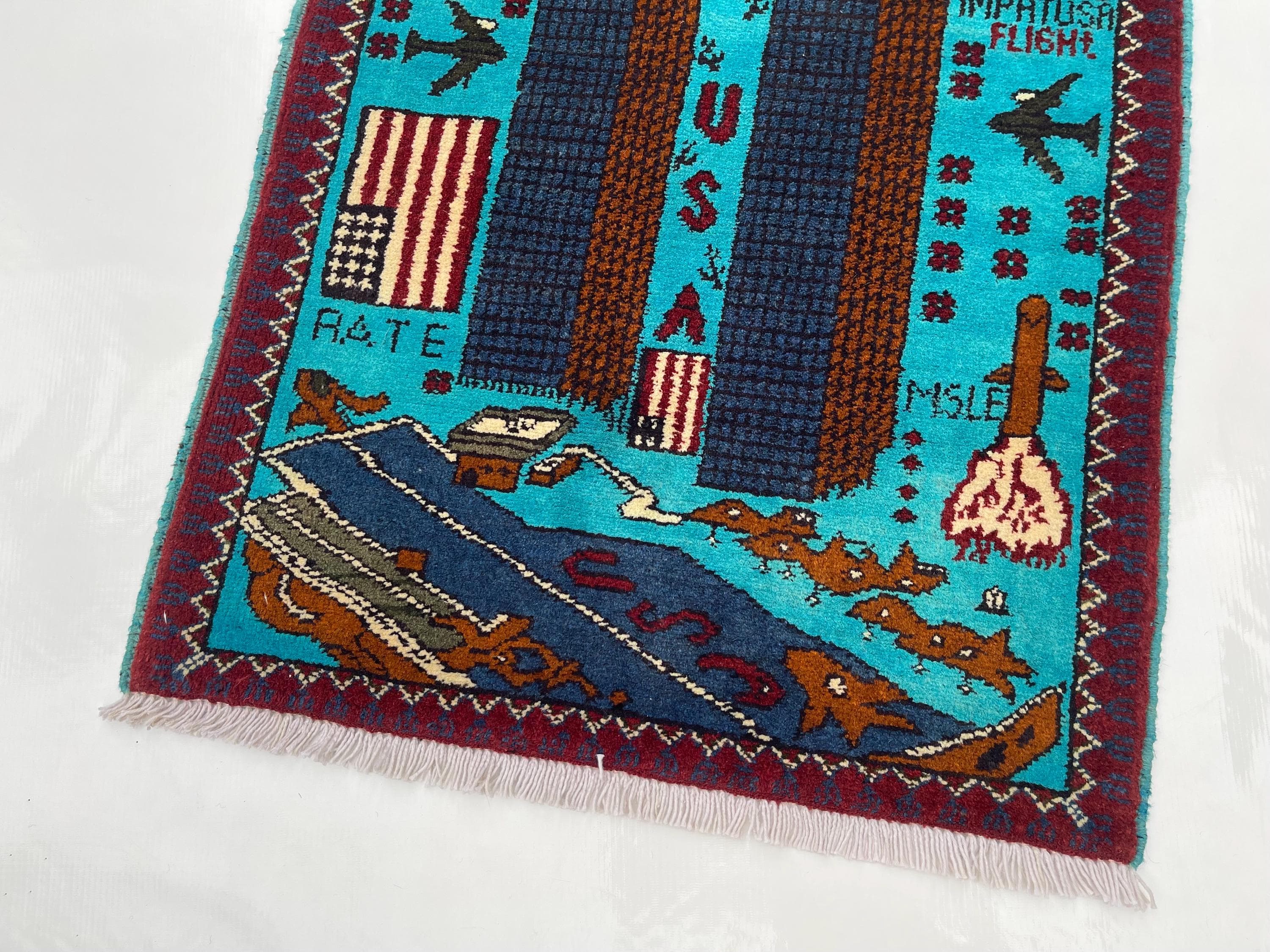 81x62 cm War rug twin towers Afghan rug handmade rug Beautifully made wool rug 9/11 handicrafts folk art pictorial #380 - image 3