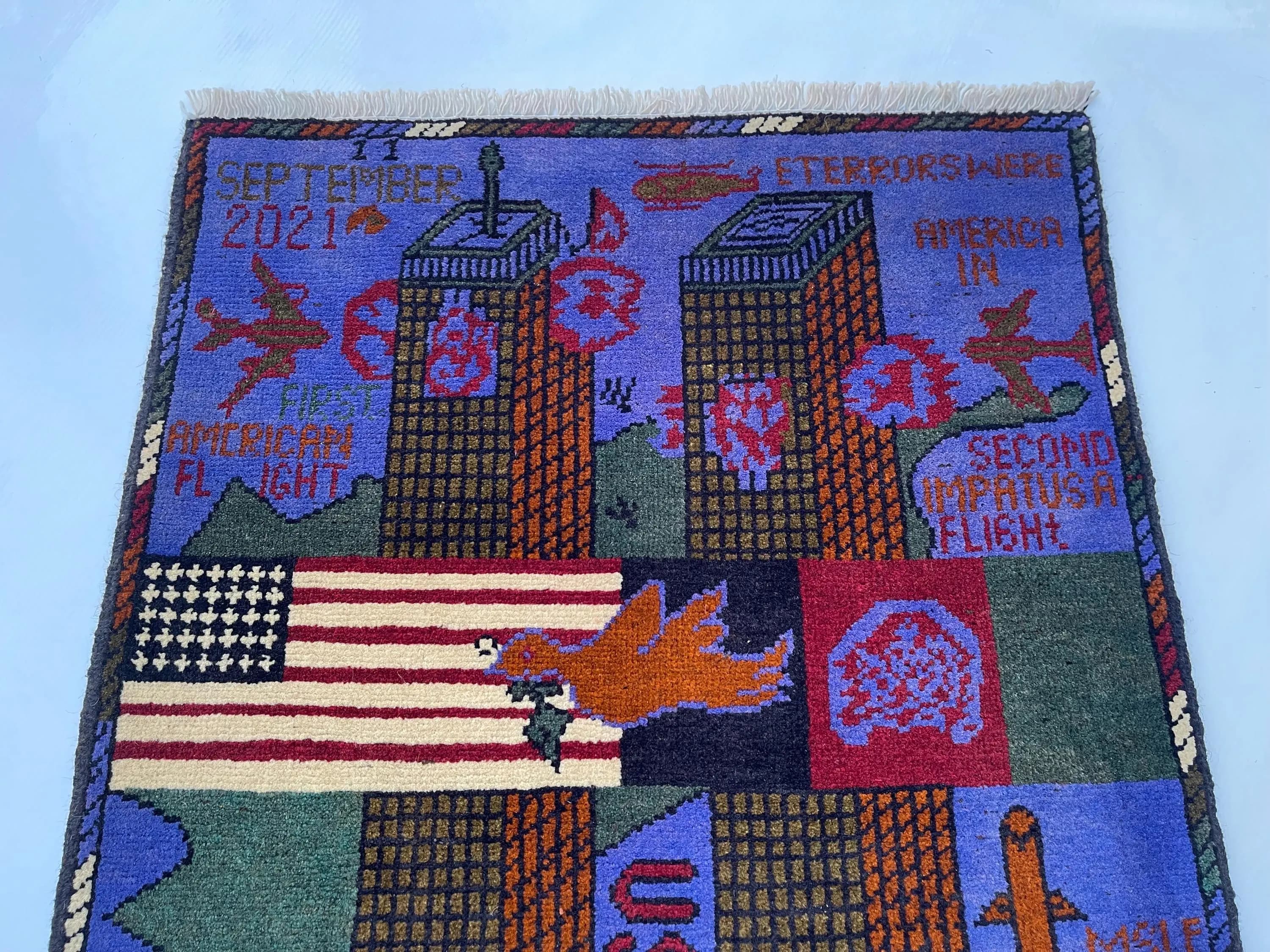 76x60 cm Handmade Afghan war rug wool rug shindand wool rug vintage war art rug twin towerss   #269 - image 4