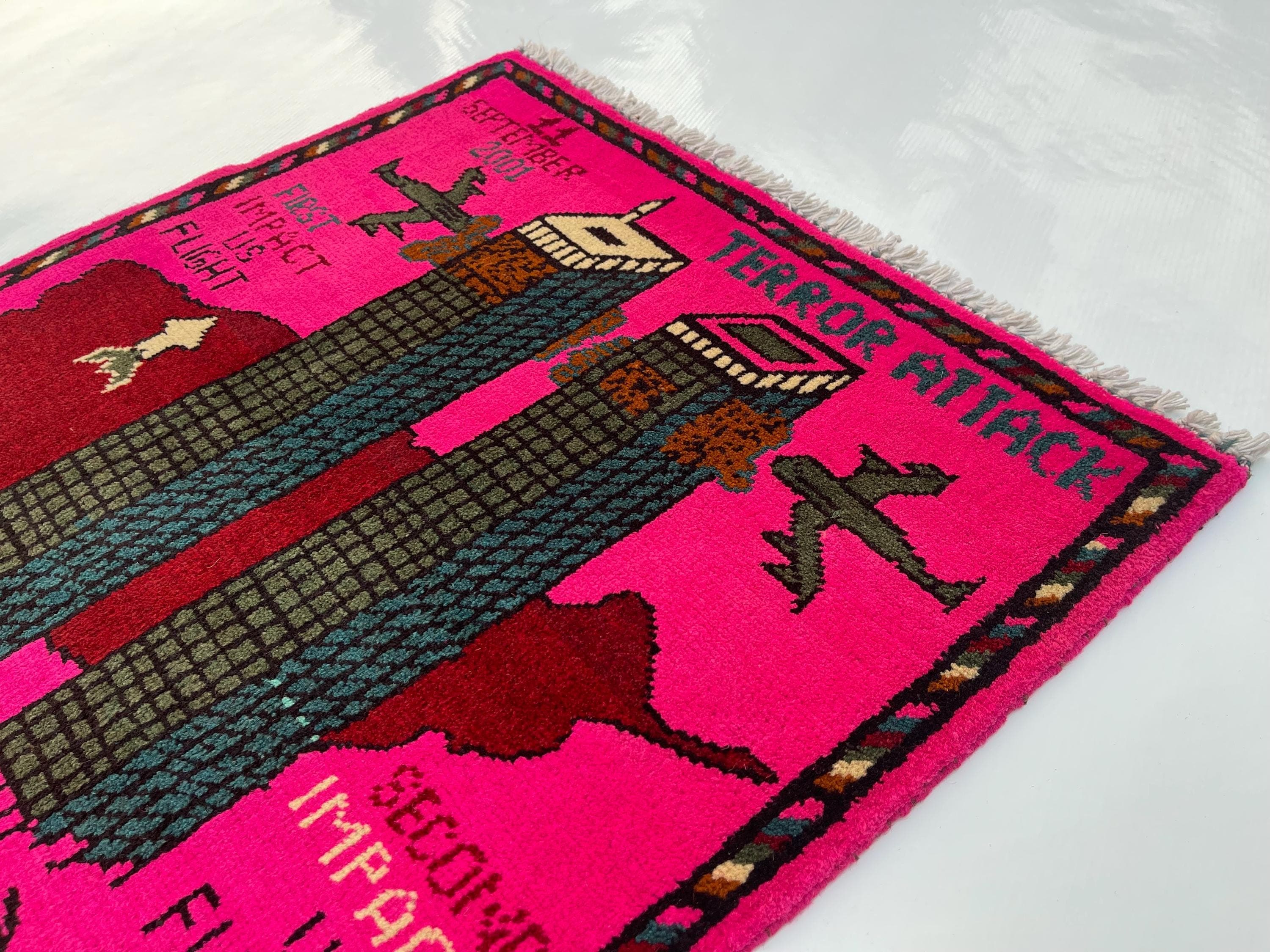 79x62 cm Handmade Afghan war rug wool rug shindand wool rug vintage war art rug twin towerss   #268 - image 5