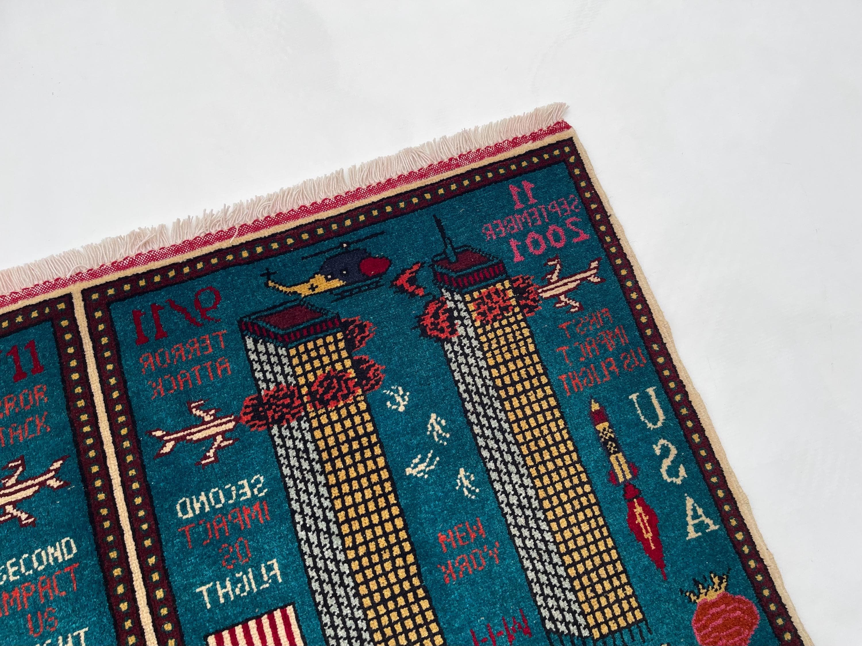 85x123 cm Handmade Afghan war rug wool rug war rug oriental wool rug mini war rug handicrafts twin towers 9/11 opiume #729 - image 5