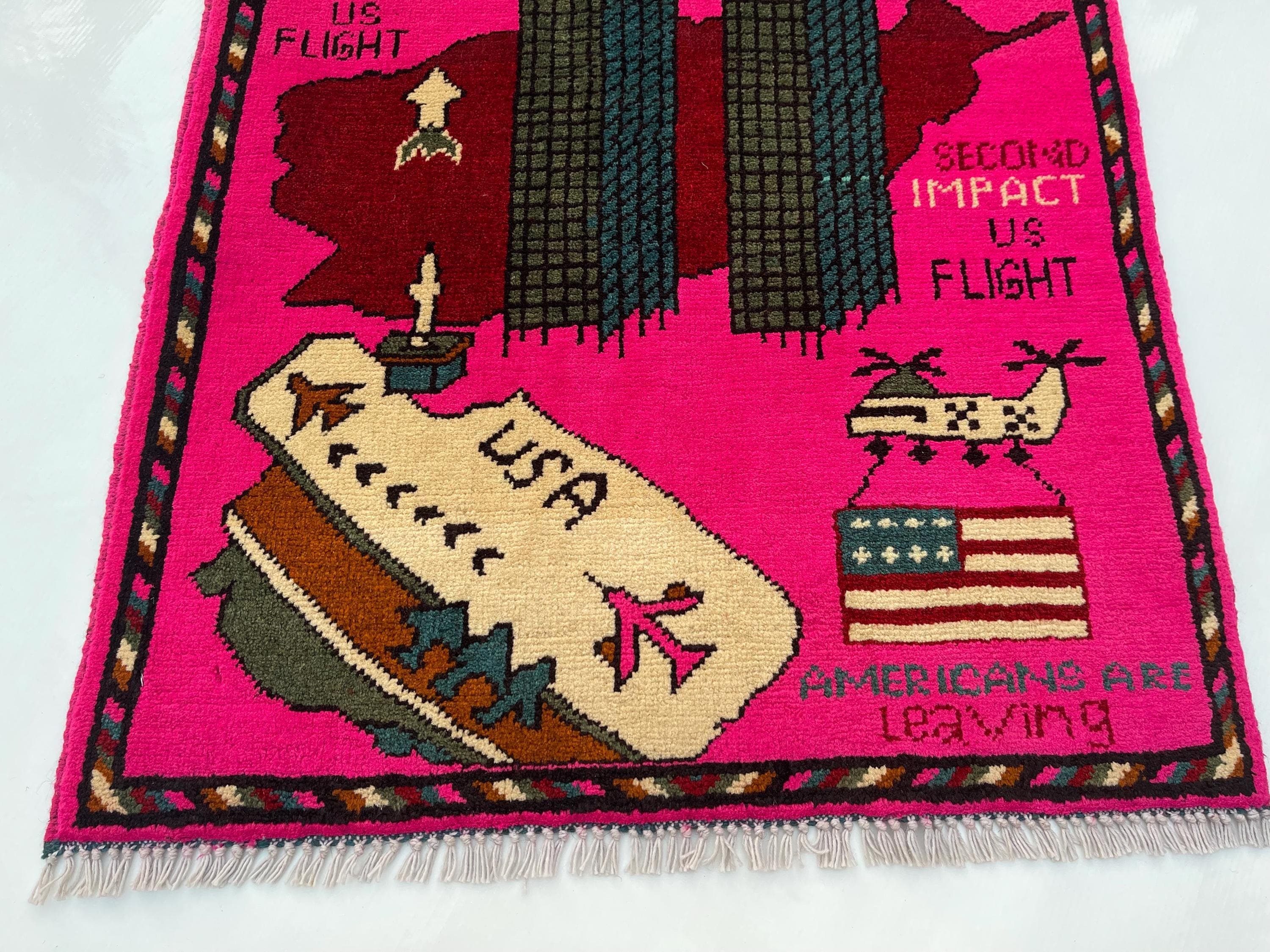 79x62 cm Handmade Afghan war rug wool rug shindand wool rug vintage war art rug twin towerss   #268 - image 3