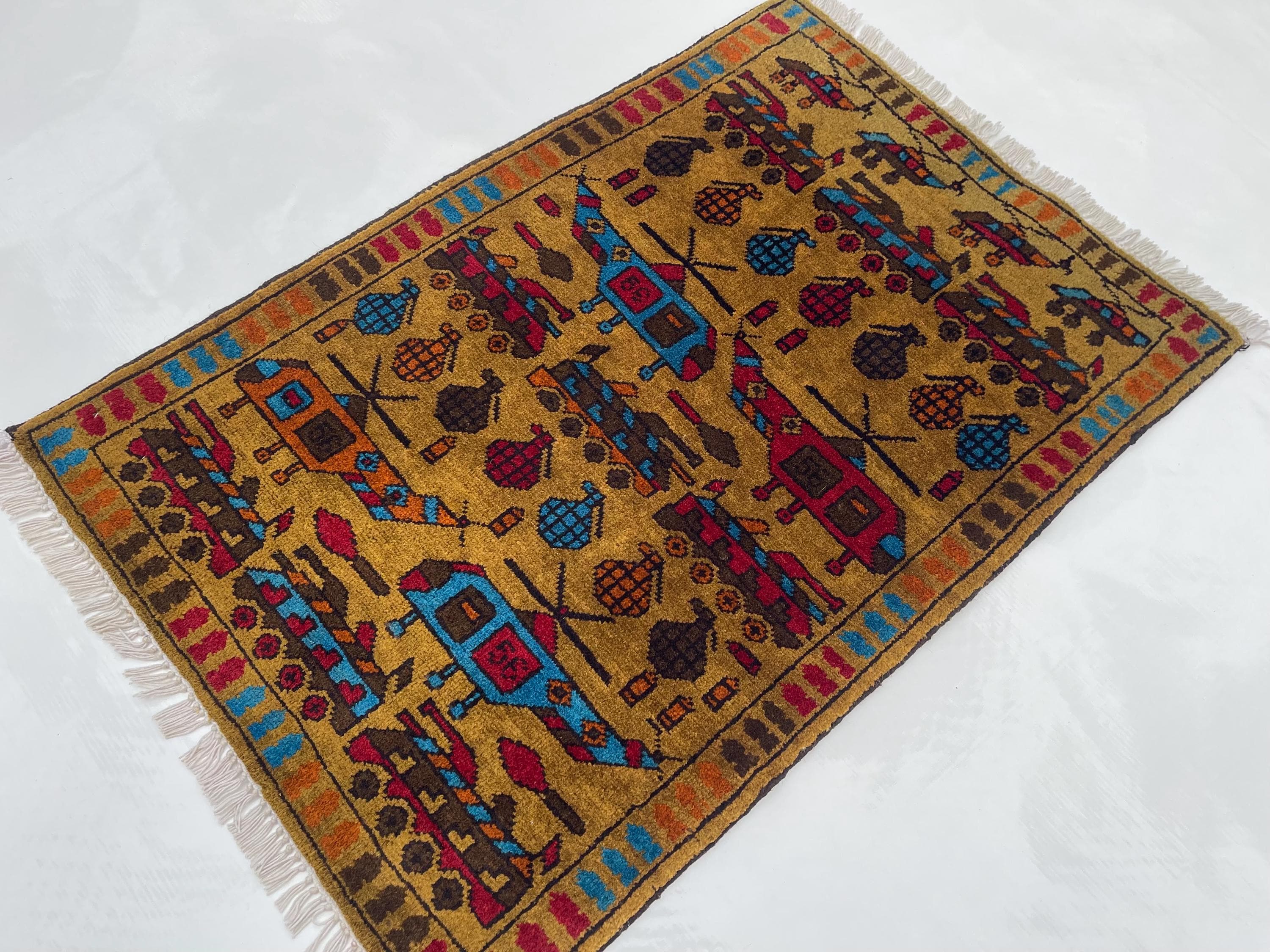 87x60 cm Handmade Afghan war rug wool rug Nomadic Rug Oriental War Rug mini rug oriental area rug folk art handicrafts #389 - image 5