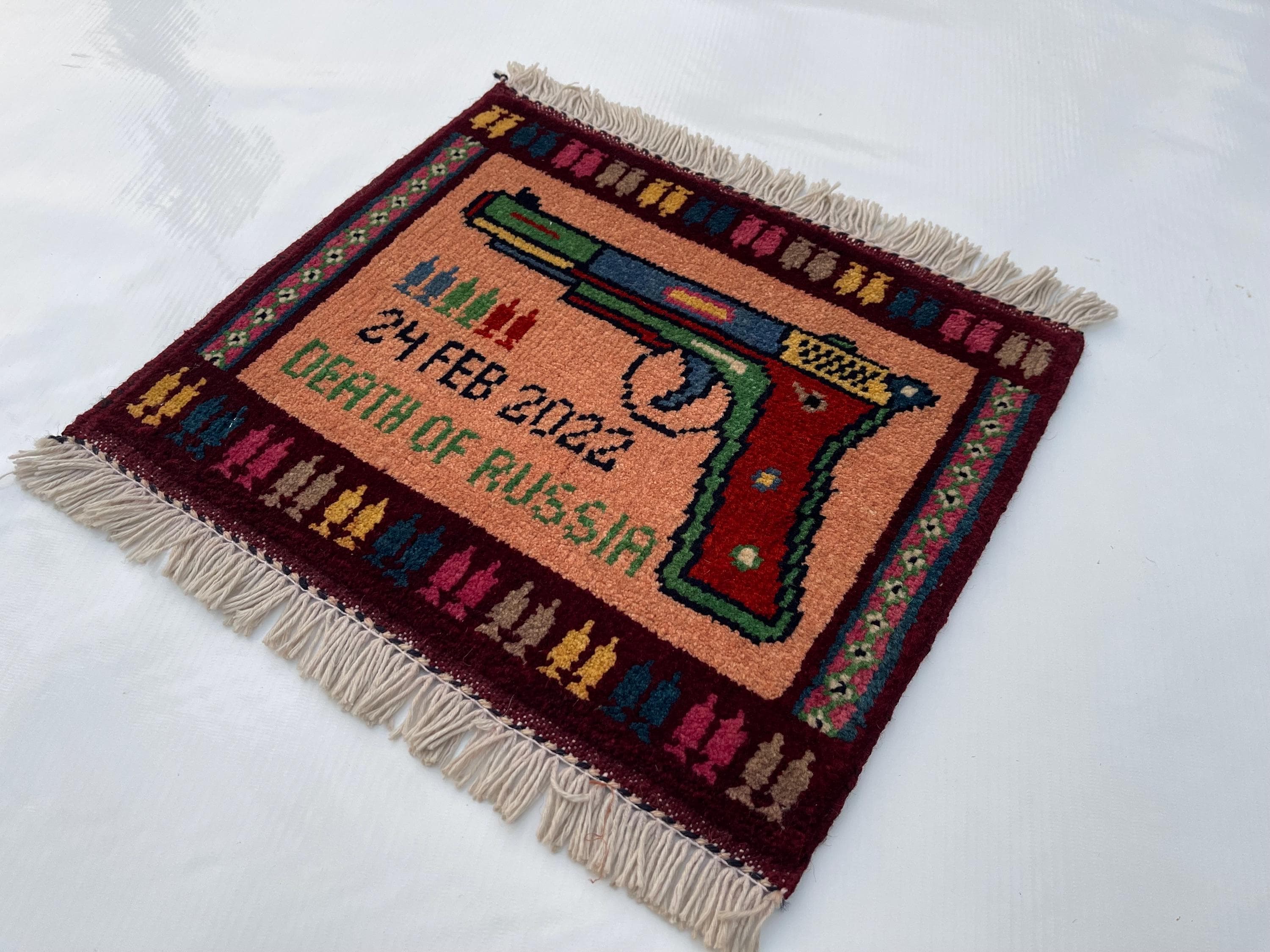 Handmade Afghan war rug wool rug oriental rug Nomadic rug art mini rug pistol rug 32x37 cm  #690 - image 4