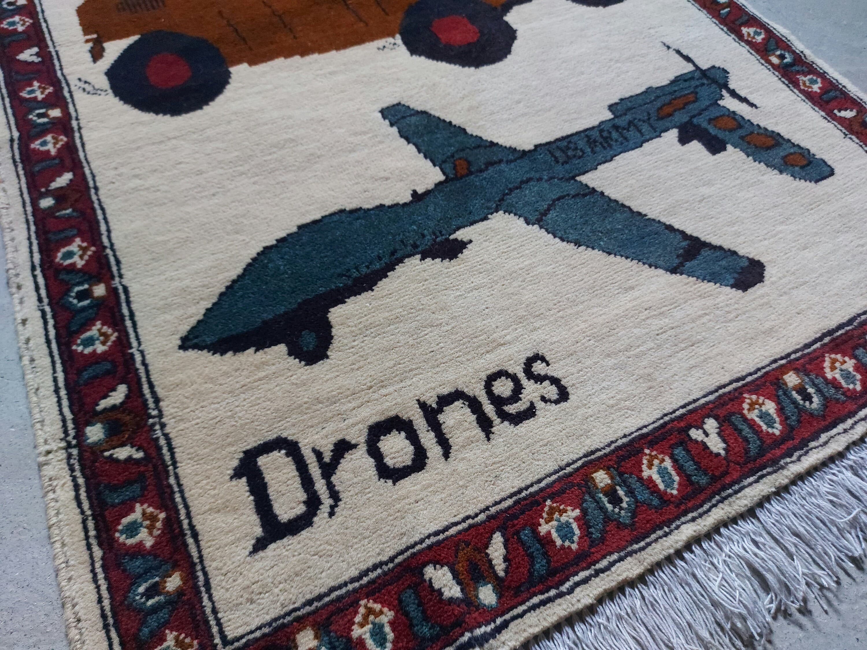 Afghan war rug handmade rug Ethnic tribal rug drones 122x77cm   #36 - image 5