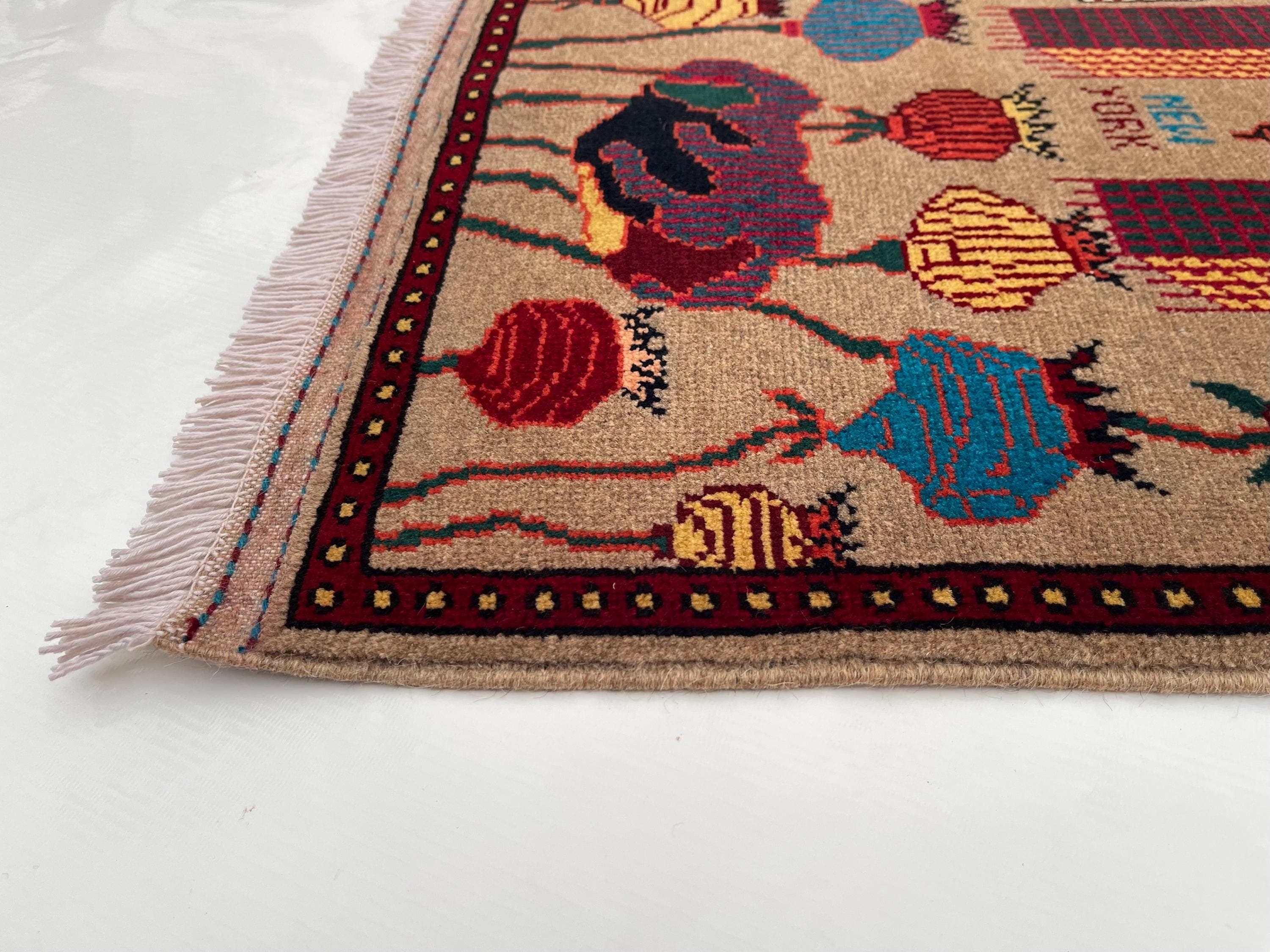87x62 cm Classic Handmade Afghan war rug Beautifully made wool rug Nomadic Rug Oriental War Rug mini rug 9/11 twin towers handicrafts #730 - image 5
