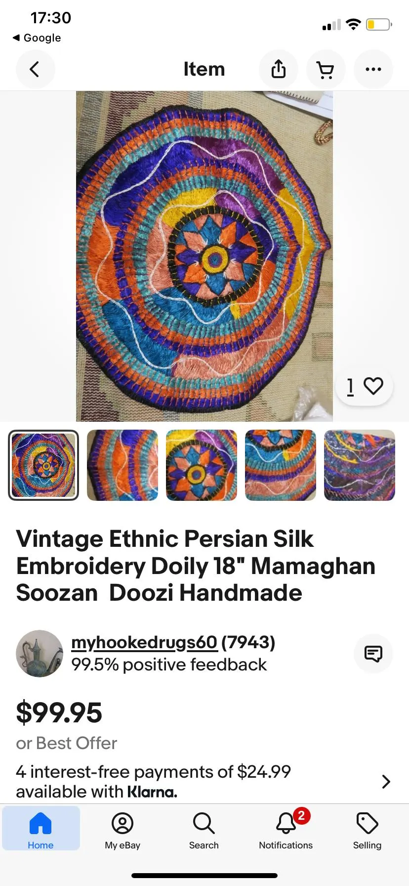 Two Round Vintage Embroidered Persian Silk Mamaghan Soozan 19 inches - image 4