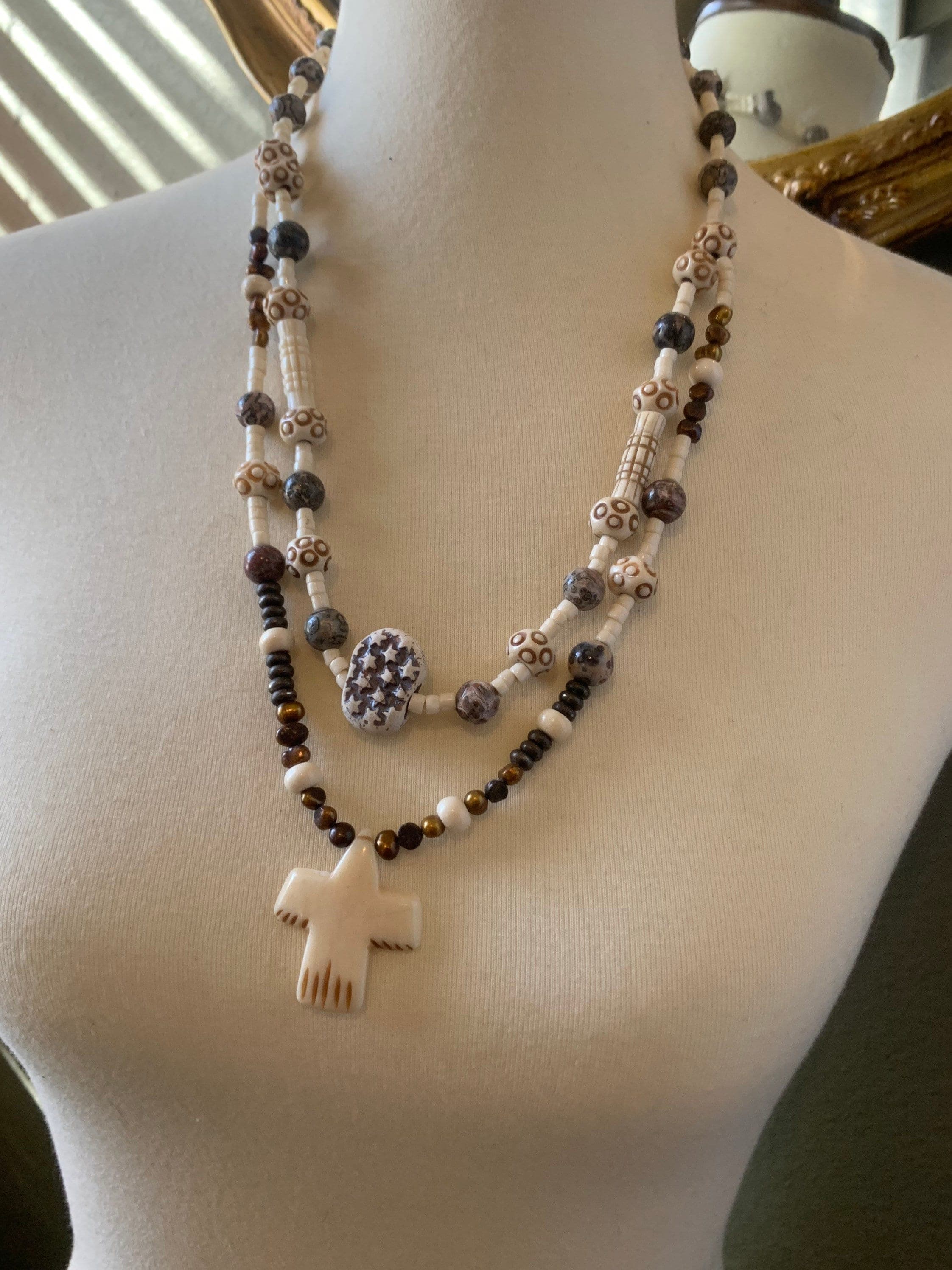 Unusual Vintage African Bone Beaded Necklace
