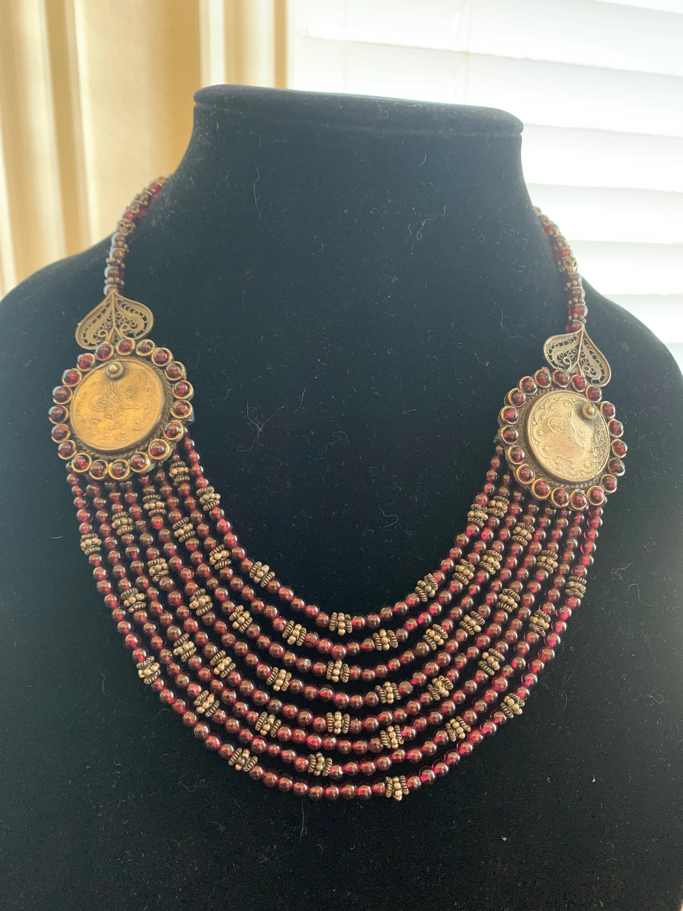 Antique Ottoman Sterling Garnet Coin Victorian Turkish Necklace