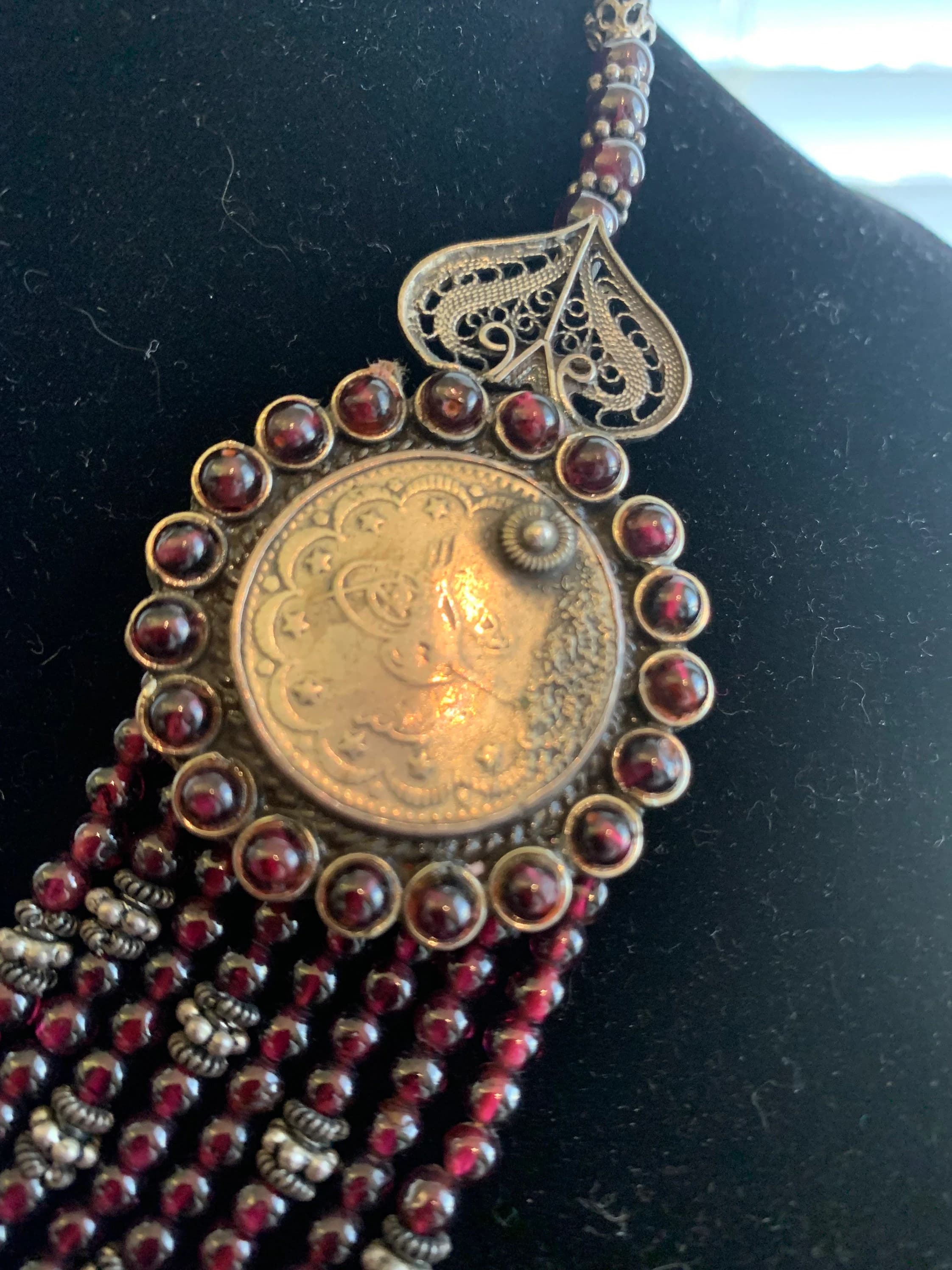 Antique Ottoman Sterling Garnet Coin Victorian Turkish Necklace - image 3