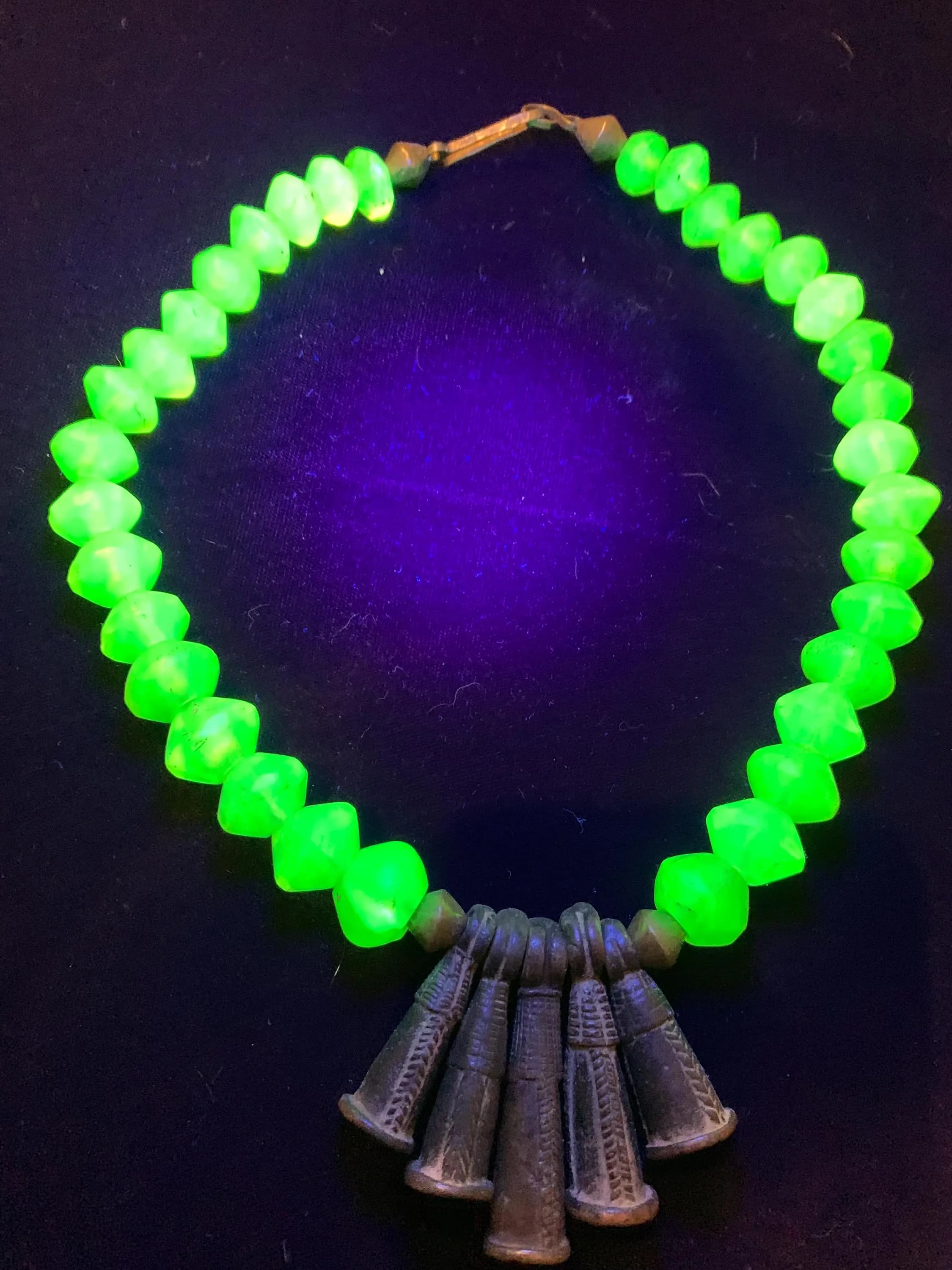Authetic Ashanti Vaseline Uranium Glass Beaded with Crotal Bell Necklace