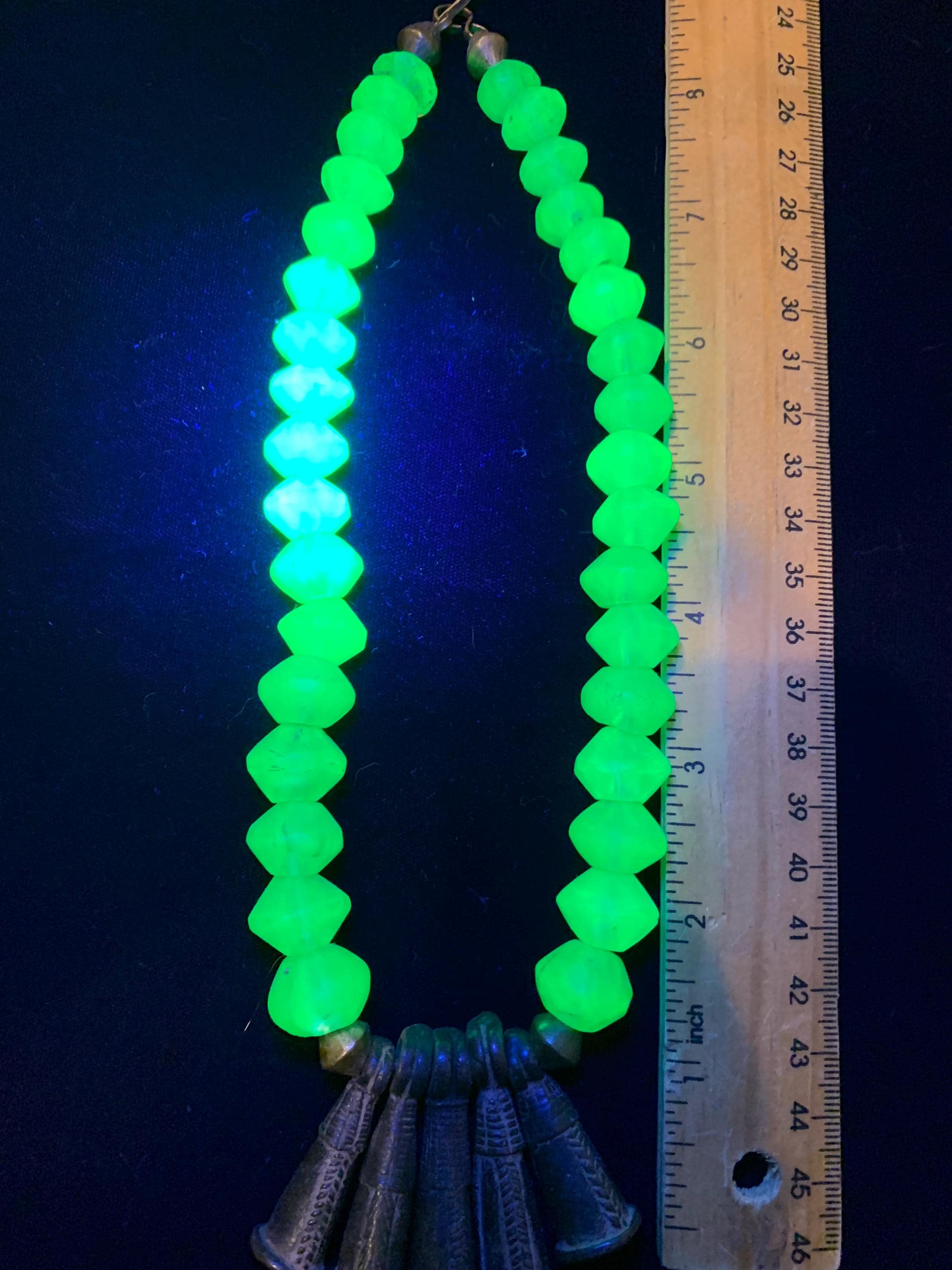 Authetic Ashanti Vaseline Uranium Glass Beaded with Crotal Bell Necklace - image 5