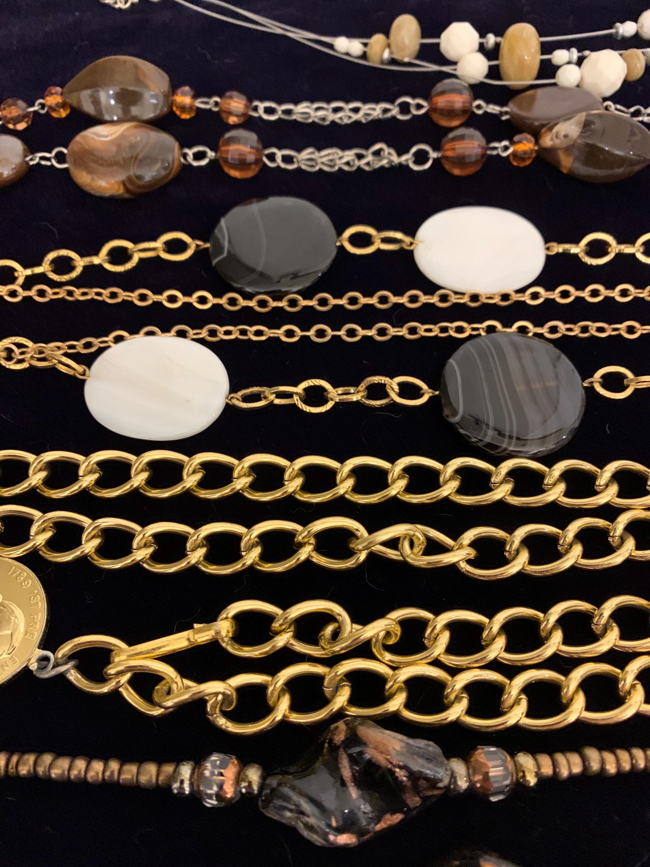 Vintage Black White and Gold Costume Necklace Set of 5 - image 3