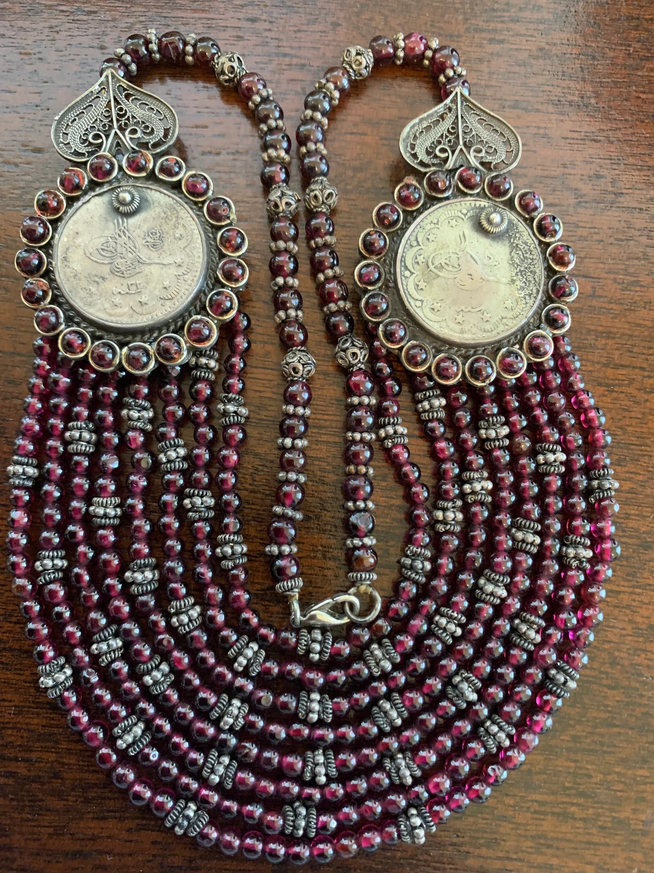 Antique Ottoman Sterling Garnet Coin Victorian Turkish Necklace - image 2
