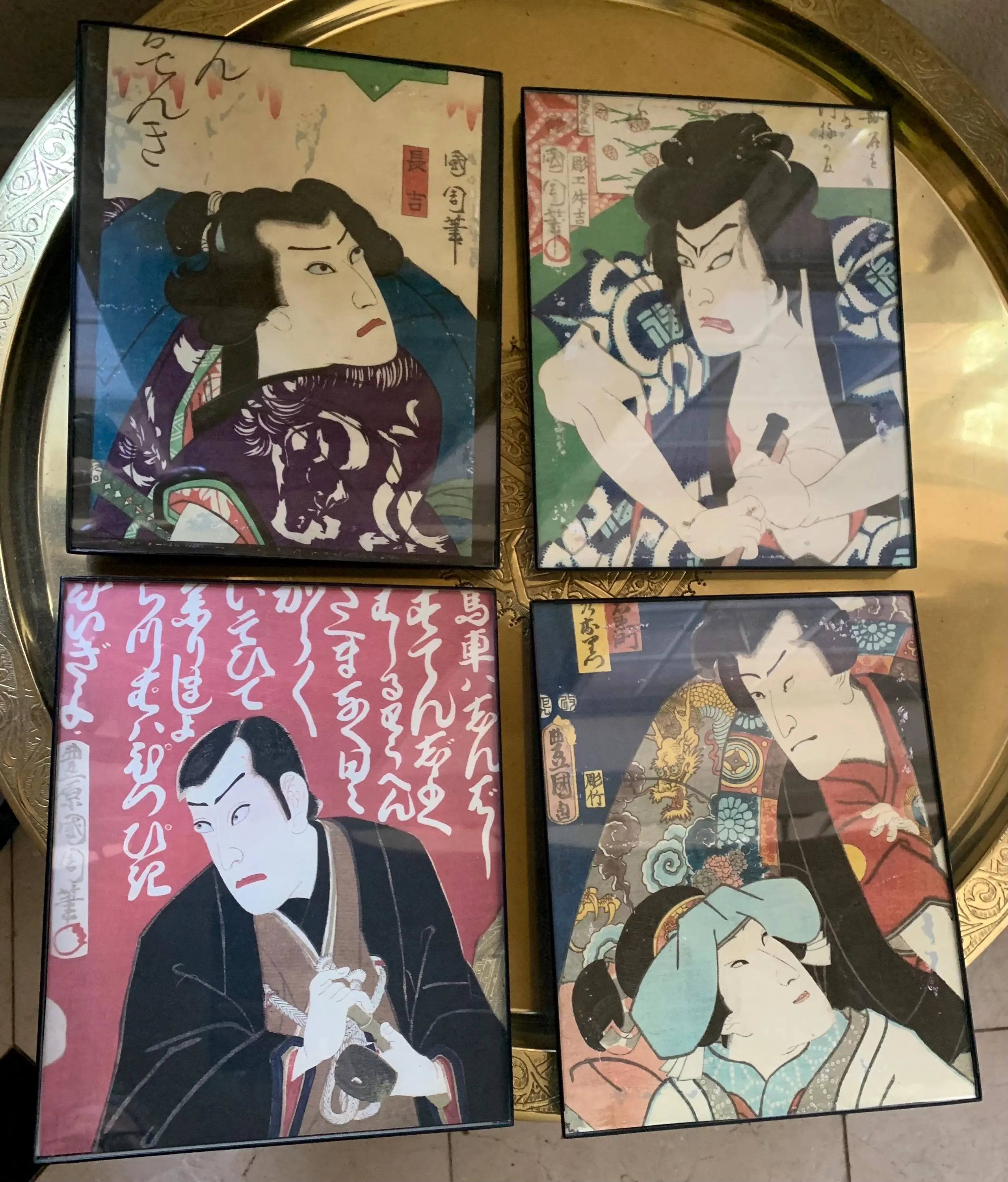 Vintage Japanese Woodblock Set of 4 Framed Display
