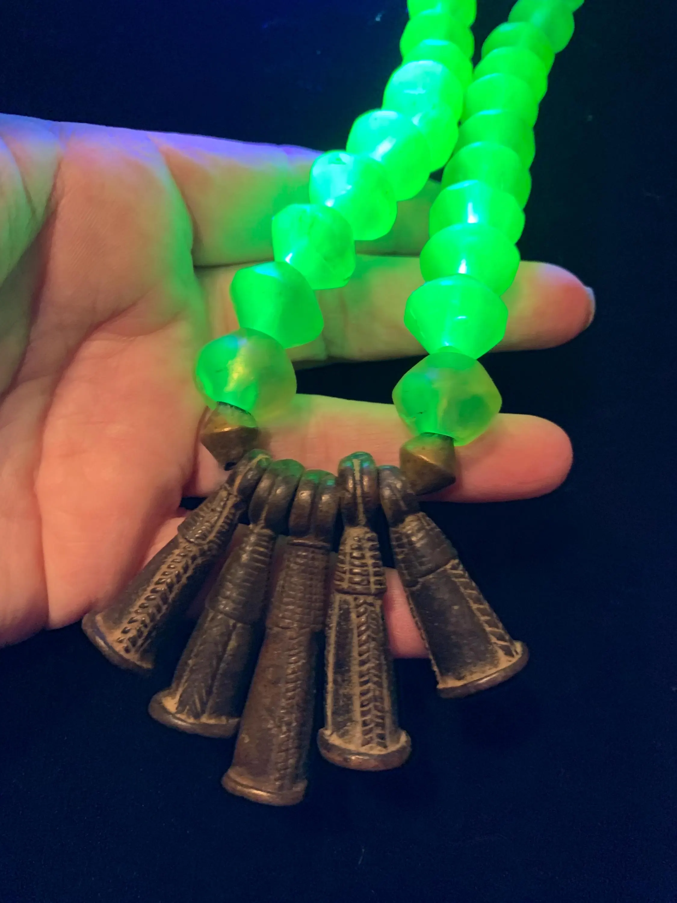 Authetic Ashanti Vaseline Uranium Glass Beaded with Crotal Bell Necklace - image 3